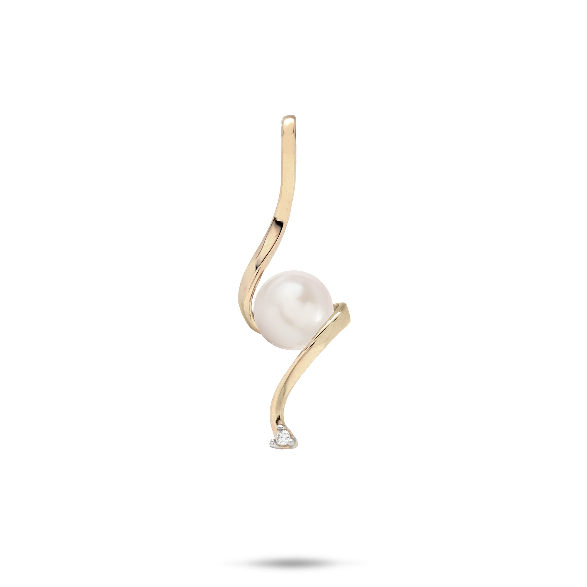 Swirling Waterfall Pendant in high-polish 14k Yellow Gold with a White Freshwater Pearl in the Center and a Diamond at the Bottom against a white background