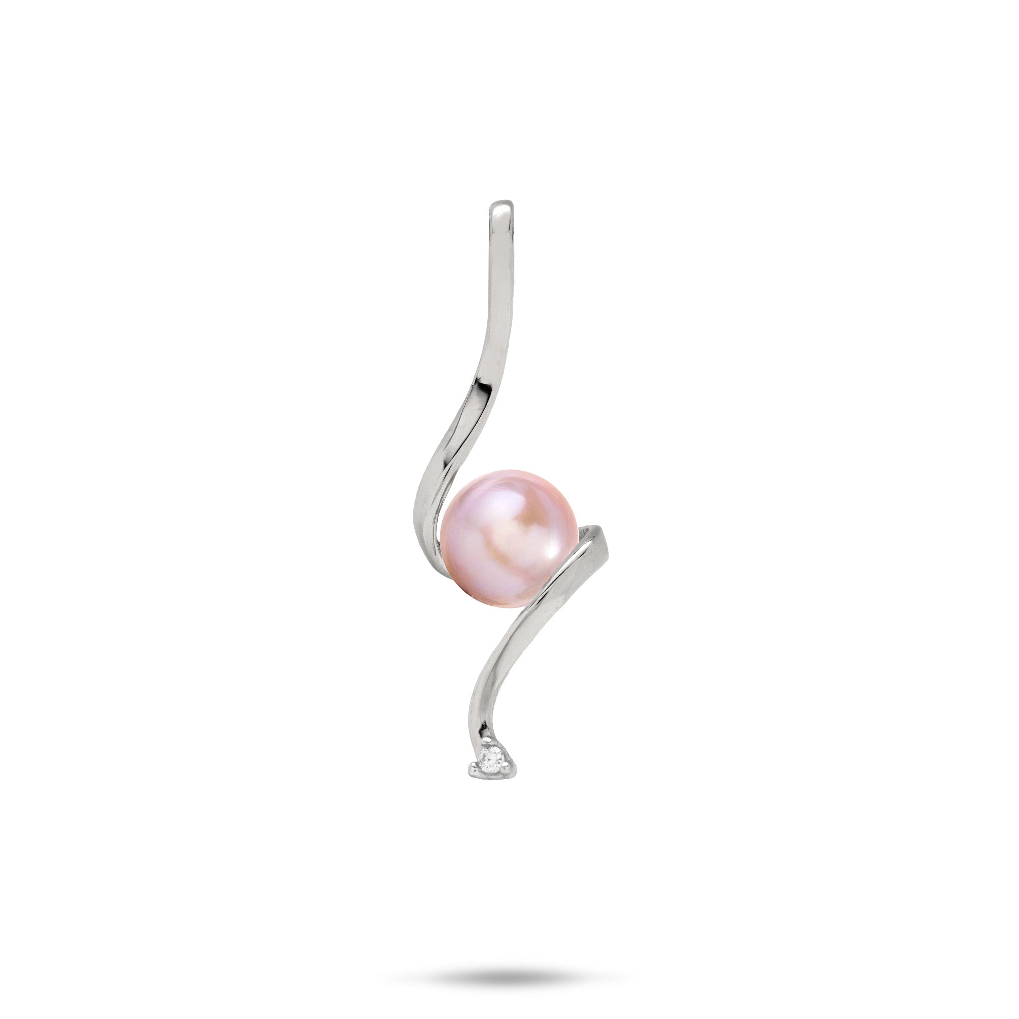 Swirling Waterfall Pendant in high-polish 14k White Gold with a Pink Freshwater Pearl in the Center and a Diamond at the Bottom against a white background