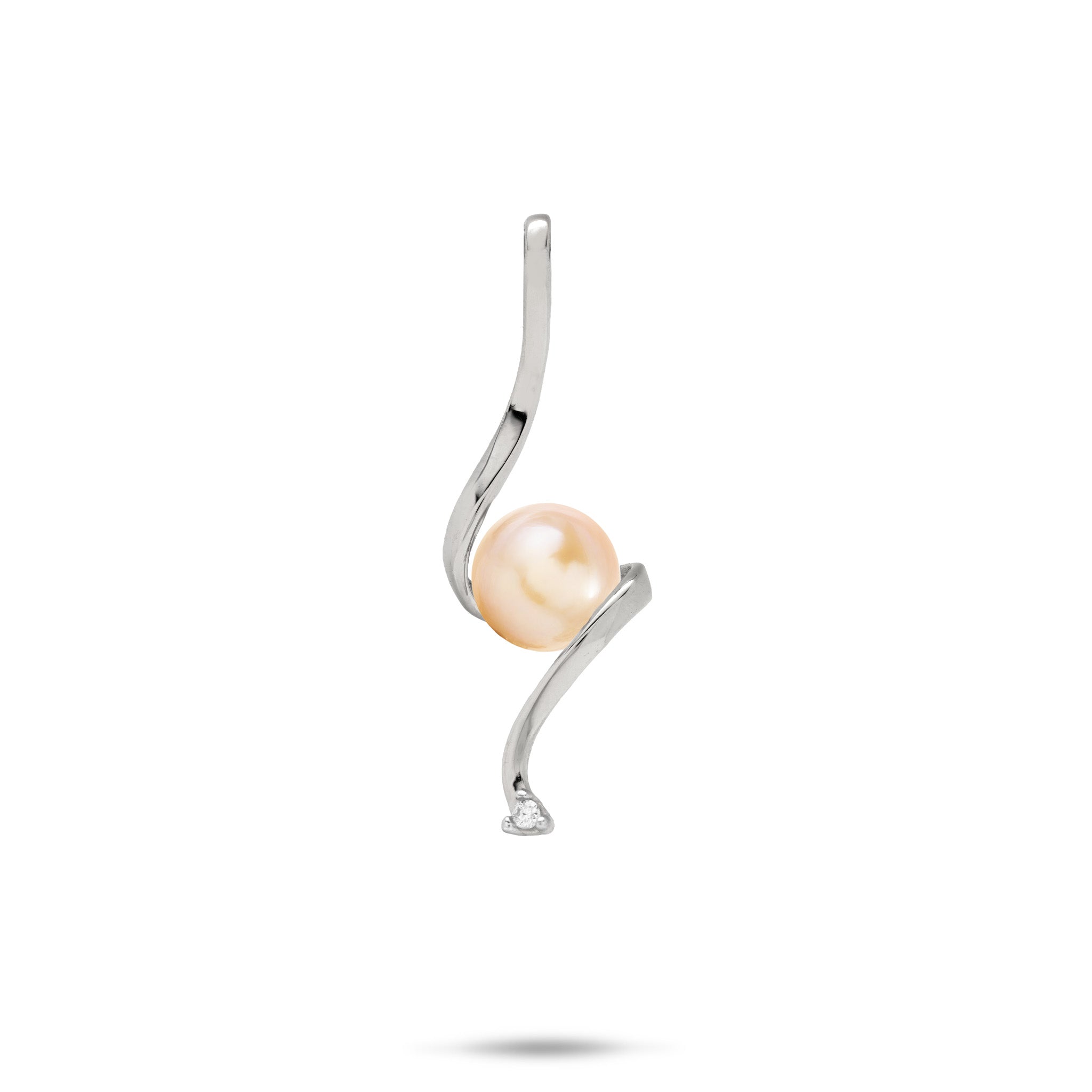 Swirling Waterfall Pendant in high-polish 14k White Gold with a Peach Freshwater Pearl in the Center and a Diamond at the Bottom against a white background