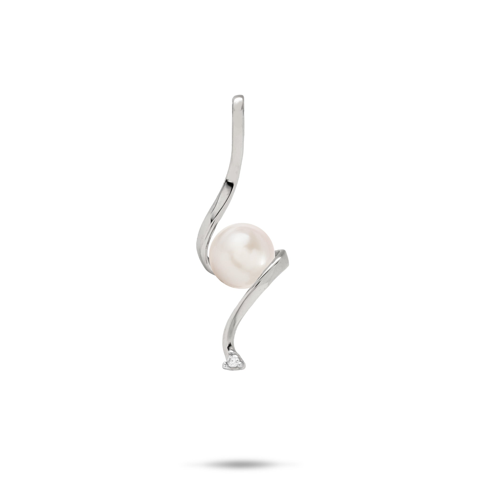 Swirling Waterfall Pendant in high-polish 14k White Gold with a White Freshwater Pearl in the Center and a Diamond at the Bottom against a white background