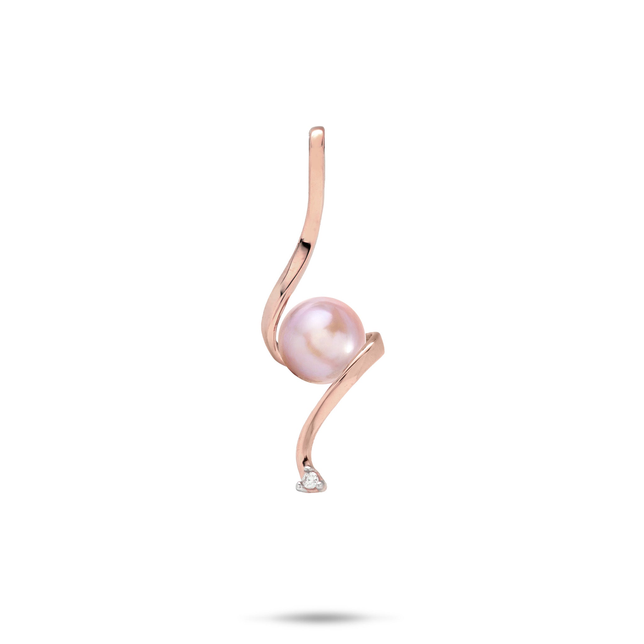 Swirling Waterfall Pendant in high-polish 14k Rose Gold with a Pink Freshwater Pearl in the Center and a Diamond at the Bottom against a white background