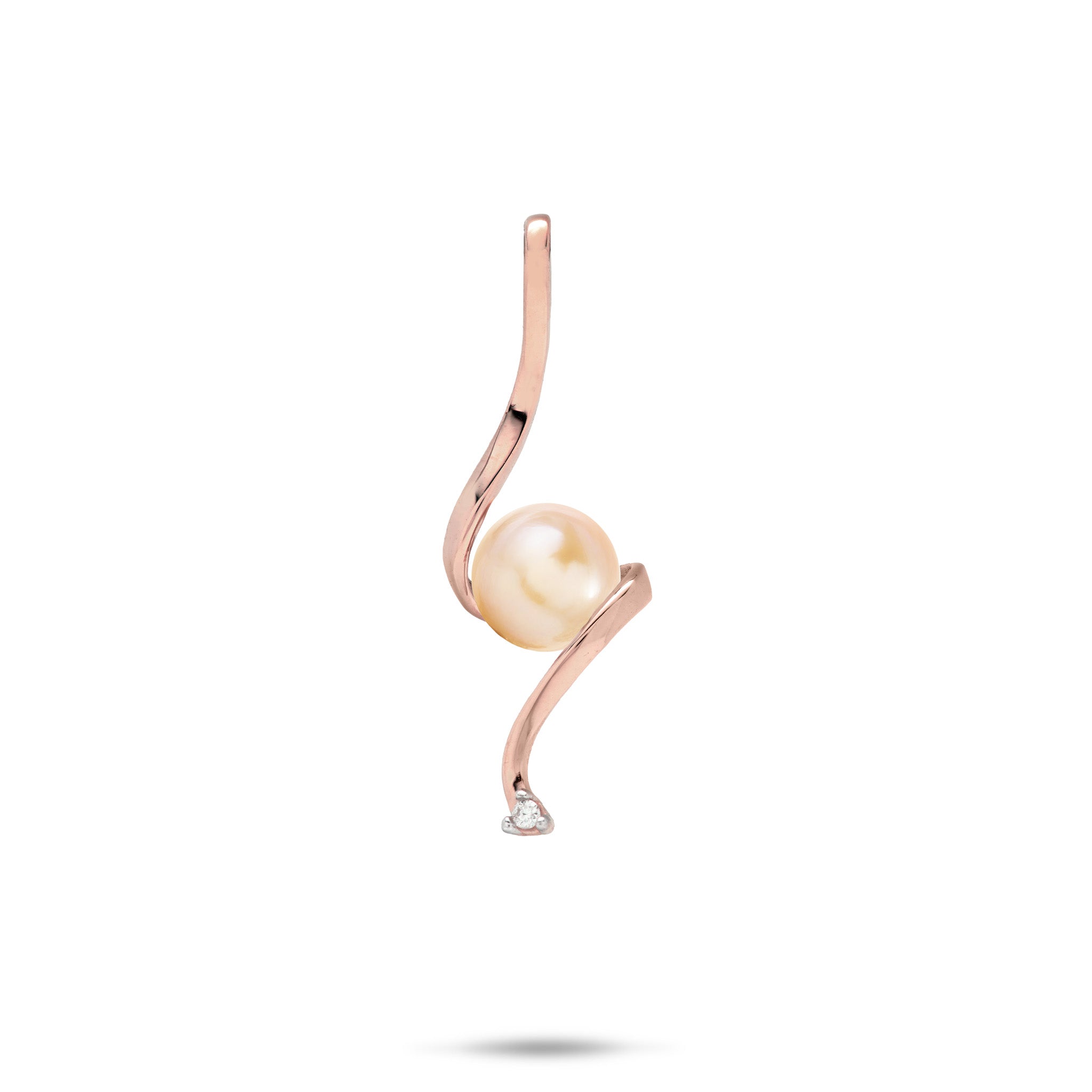 Swirling Waterfall Pendant in high-polish 14k Rose Gold with a Peach Freshwater Pearl in the Center and a Diamond at the Bottom against a white background
