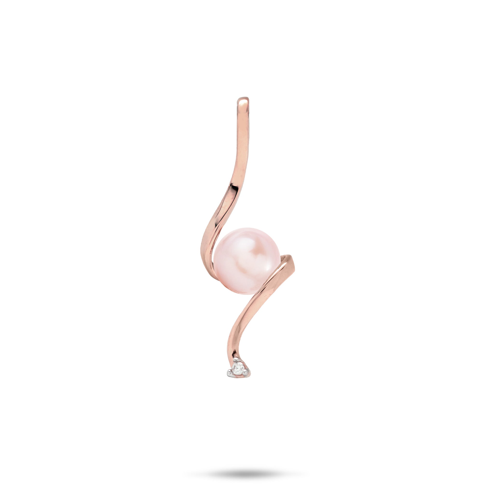Swirling Waterfall Pendant in high-polish 14k Rose Gold with a Lavender Freshwater Pearl in the Center and a Diamond at the Bottom against a white background
