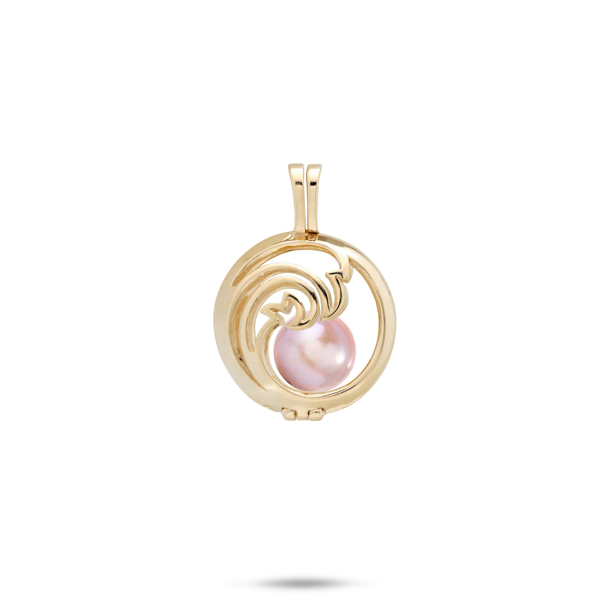 Pick A Pearl Nalu Cage Pendant in 14k Yellow Gold with a Lavender Freshwater Pearl on a white background