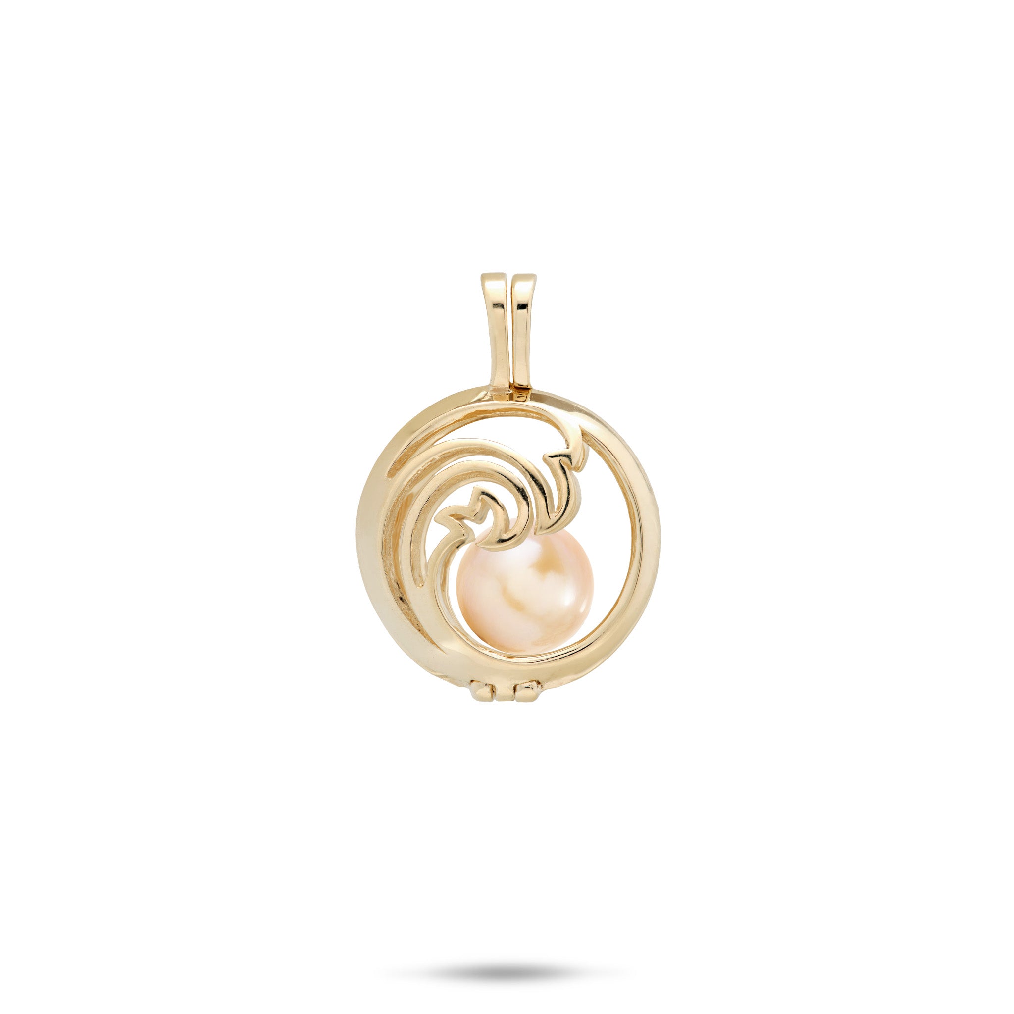 Pick A Pearl Nalu Cage Pendant in 14k Yellow Gold with a Peach Freshwater Pearl on a white background