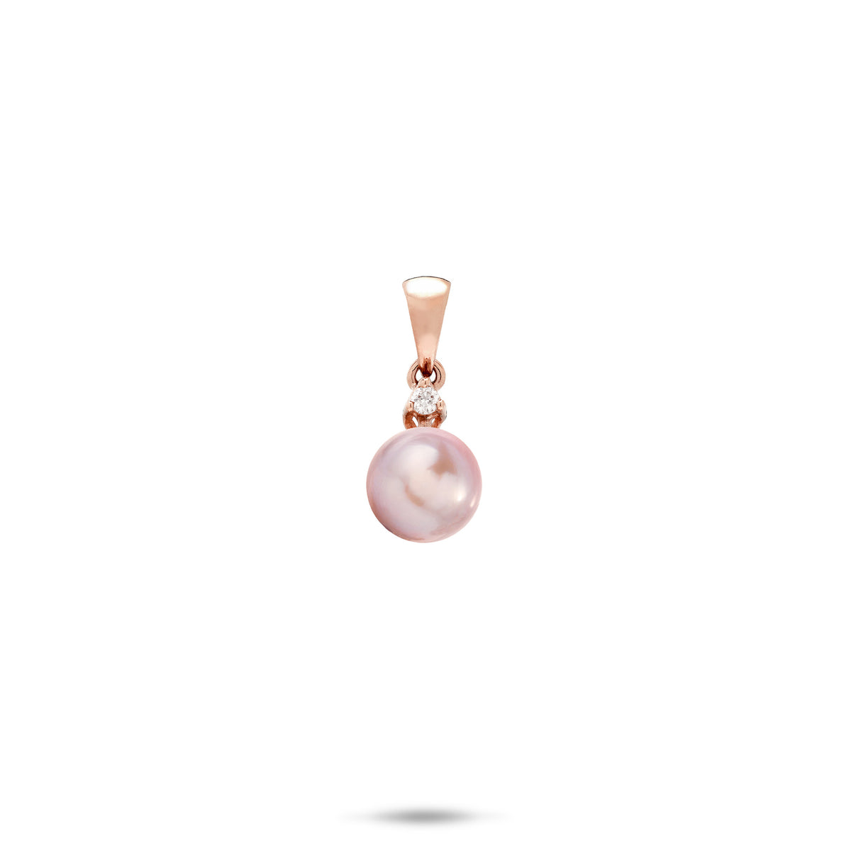 A simple 14k rose gold pendant  with a lavender freshwater pearl and diamond above it and a high-polish bail, shown on a white background