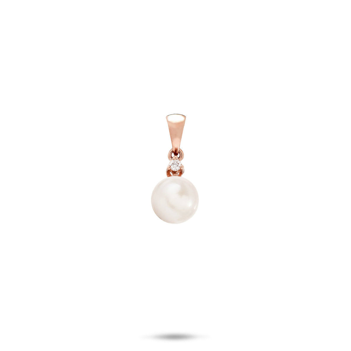 A simple 14k rose gold pendant  with a white freshwater pearl and diamond above it and a high-polish bail, shown on a white background