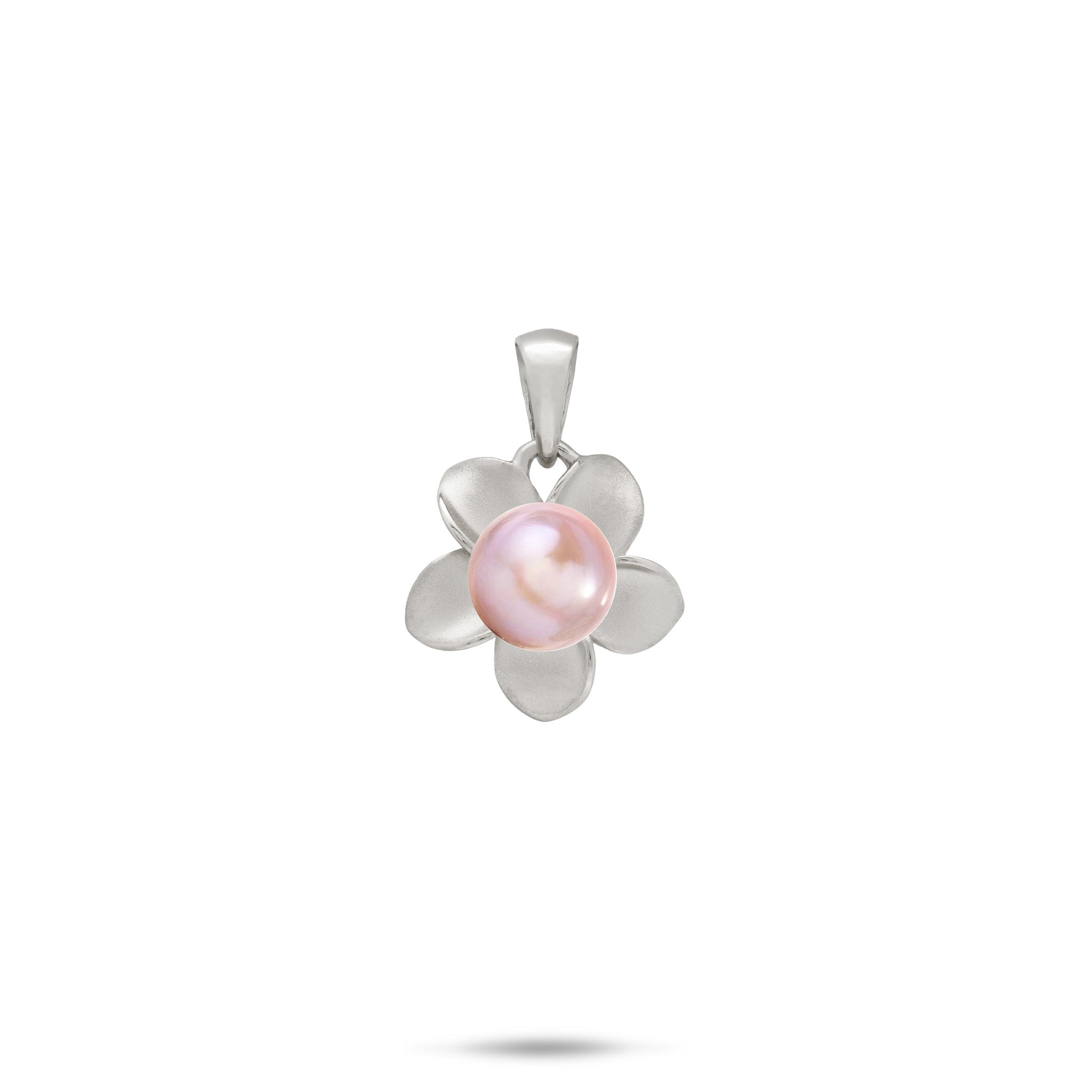 A 13mm 14k white gold plumeria flower pendant with a lavender freshwater pearl at the center shown on a white background