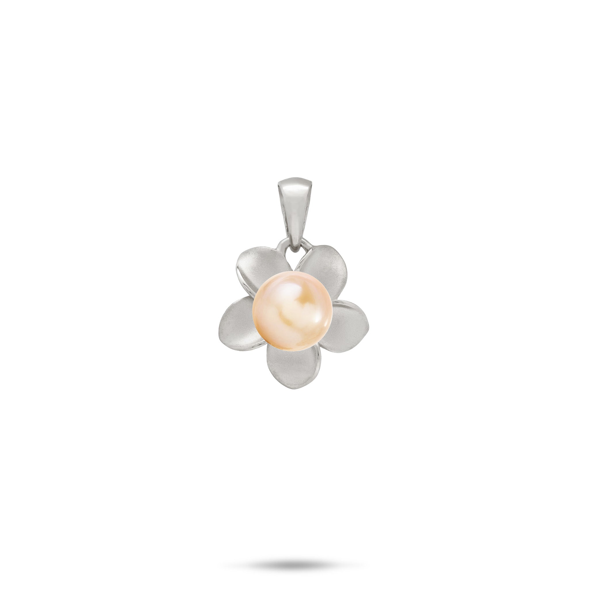 A 13mm 14k white gold plumeria flower pendant with a peach freshwater pearl at the center, shown on a white background