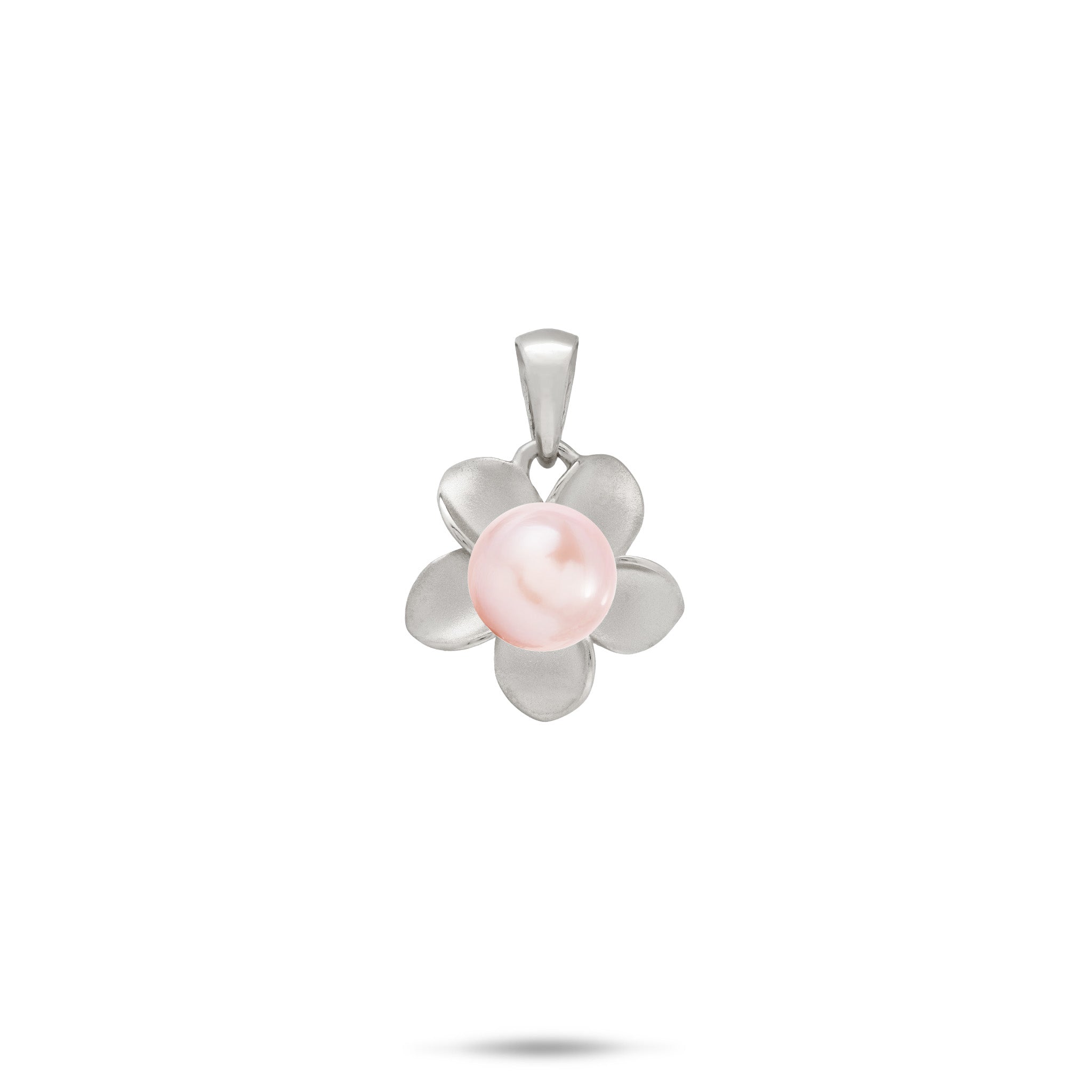 A 13mm 14k white gold plumeria flower pendant with a pink freshwater pearl at the center, shown on a white background