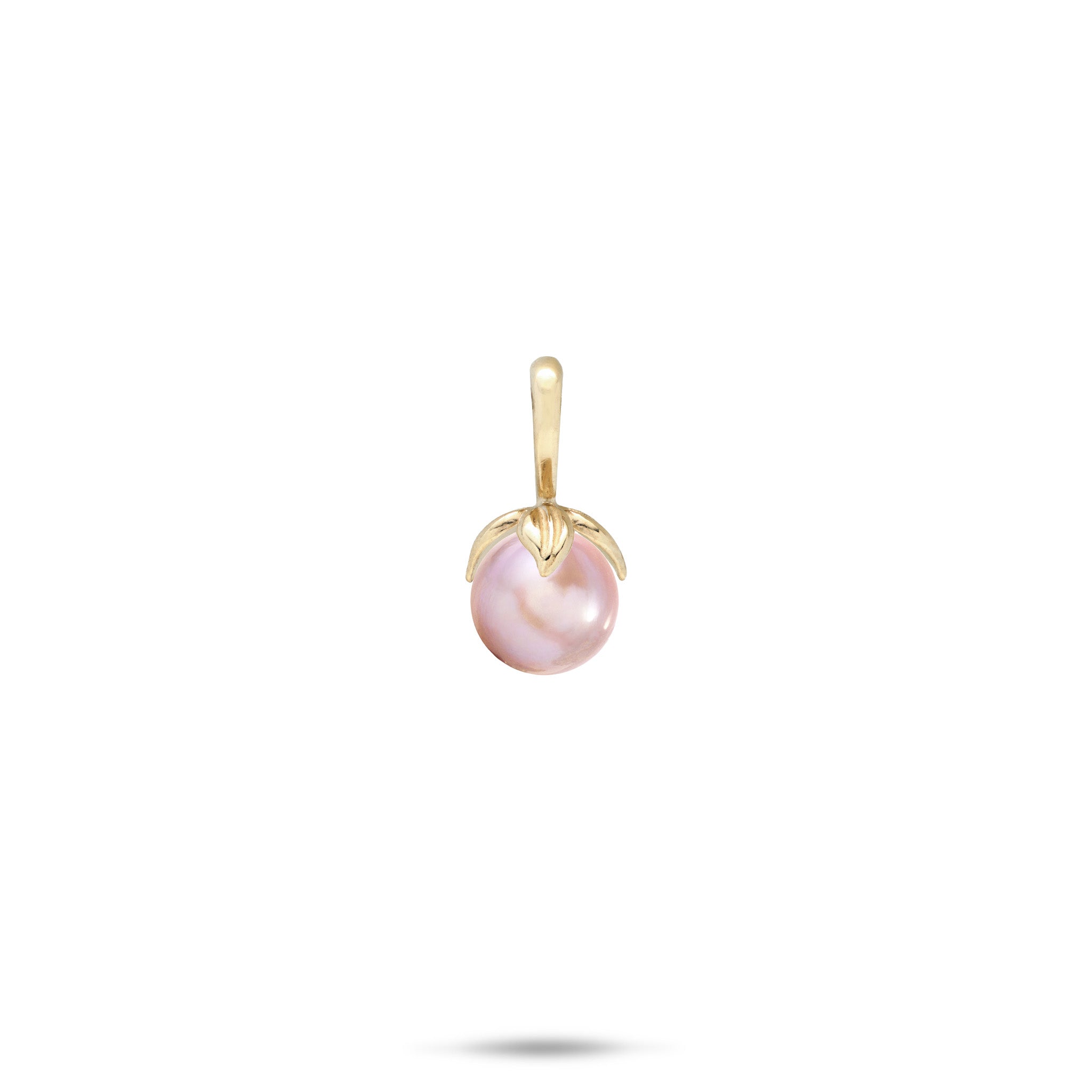 14k Yellow Gold Pendant with a high-polish bail and maile leaves wrapping a lavender freshwater pearl on a white background