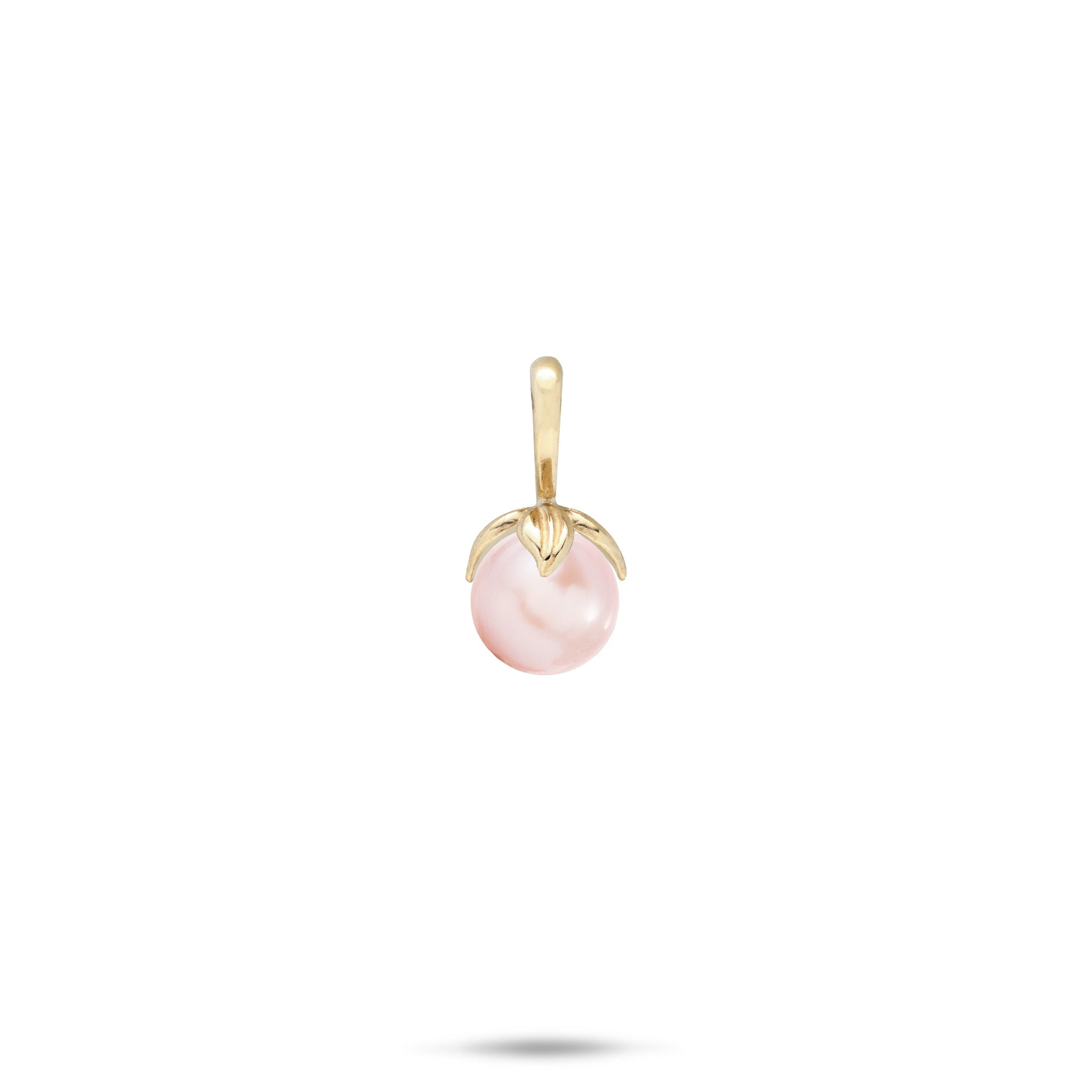 14k Yellow Gold Pendant with a high-polish bail and maile leaves wrapping a pink freshwater pearl on a white background