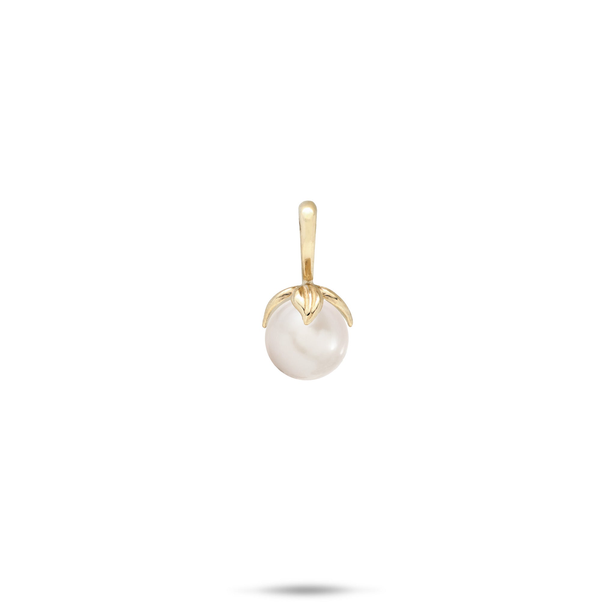 14k Yellow Gold Pendant with a high-polish bail and maile leaves wrapping a white freshwater pearl on a white background