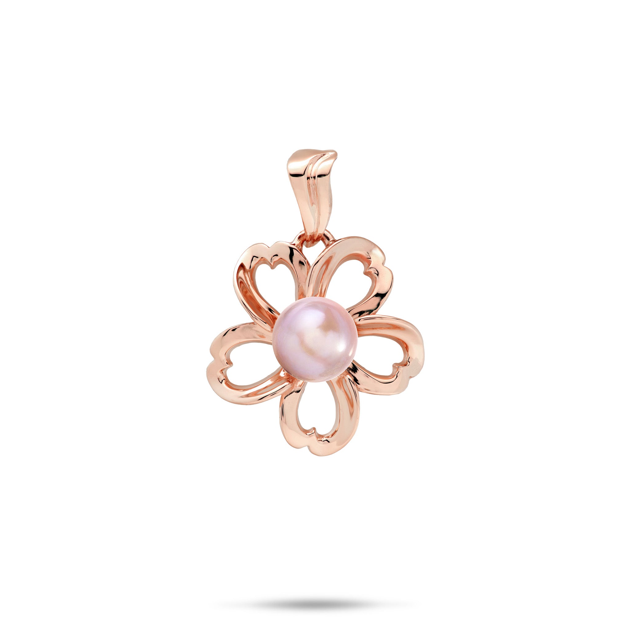 An 18mm high-polish 14k rose gold plumeria flower-shaped pendant with cut-out heart shape metals featuring a central lavender freshwater pearl, shown against a plain white background with a soft shadow underneath