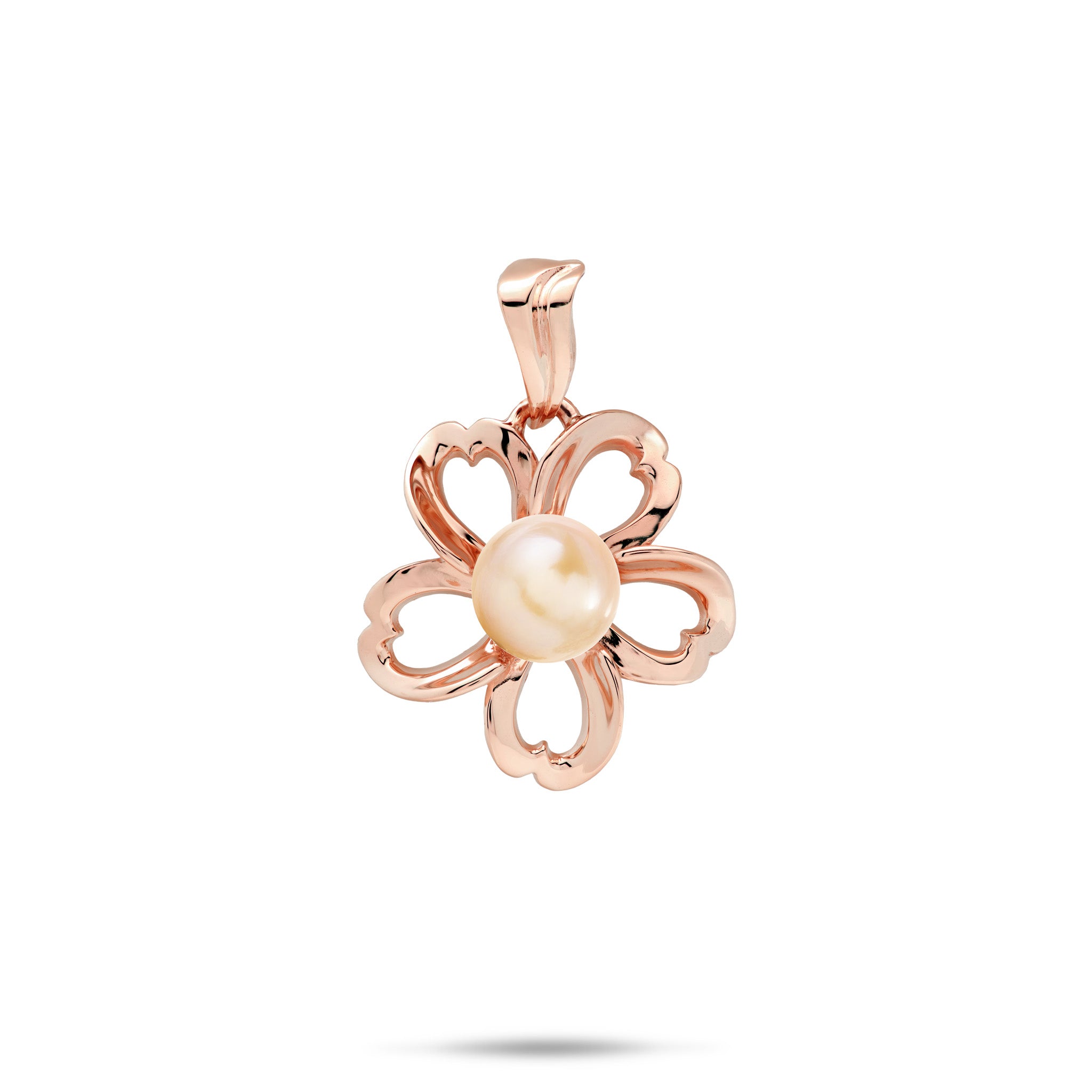 An 18mm high-polish 14k rose gold plumeria flower-shaped pendant with cut-out heart shape metals featuring a central peach freshwater pearl, shown against a plain white background with a soft shadow underneath