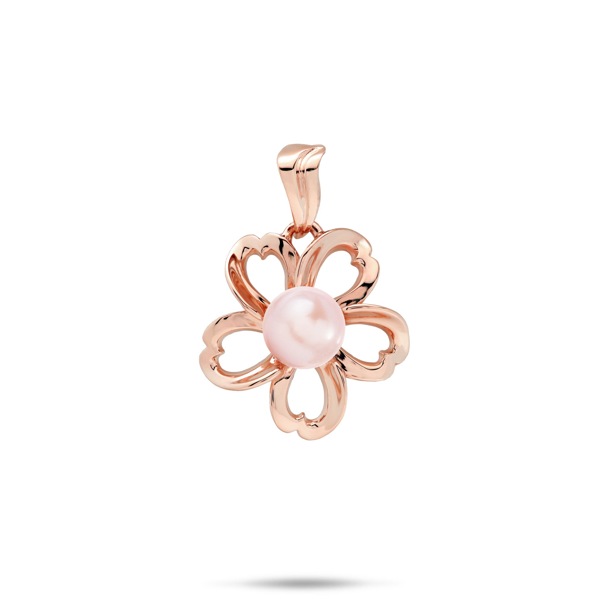An 18mm high-polish 14k rose gold plumeria flower-shaped pendant with cut-out heart shape metals featuring a central pink freshwater pearl, shown against a plain white background with a soft shadow underneath