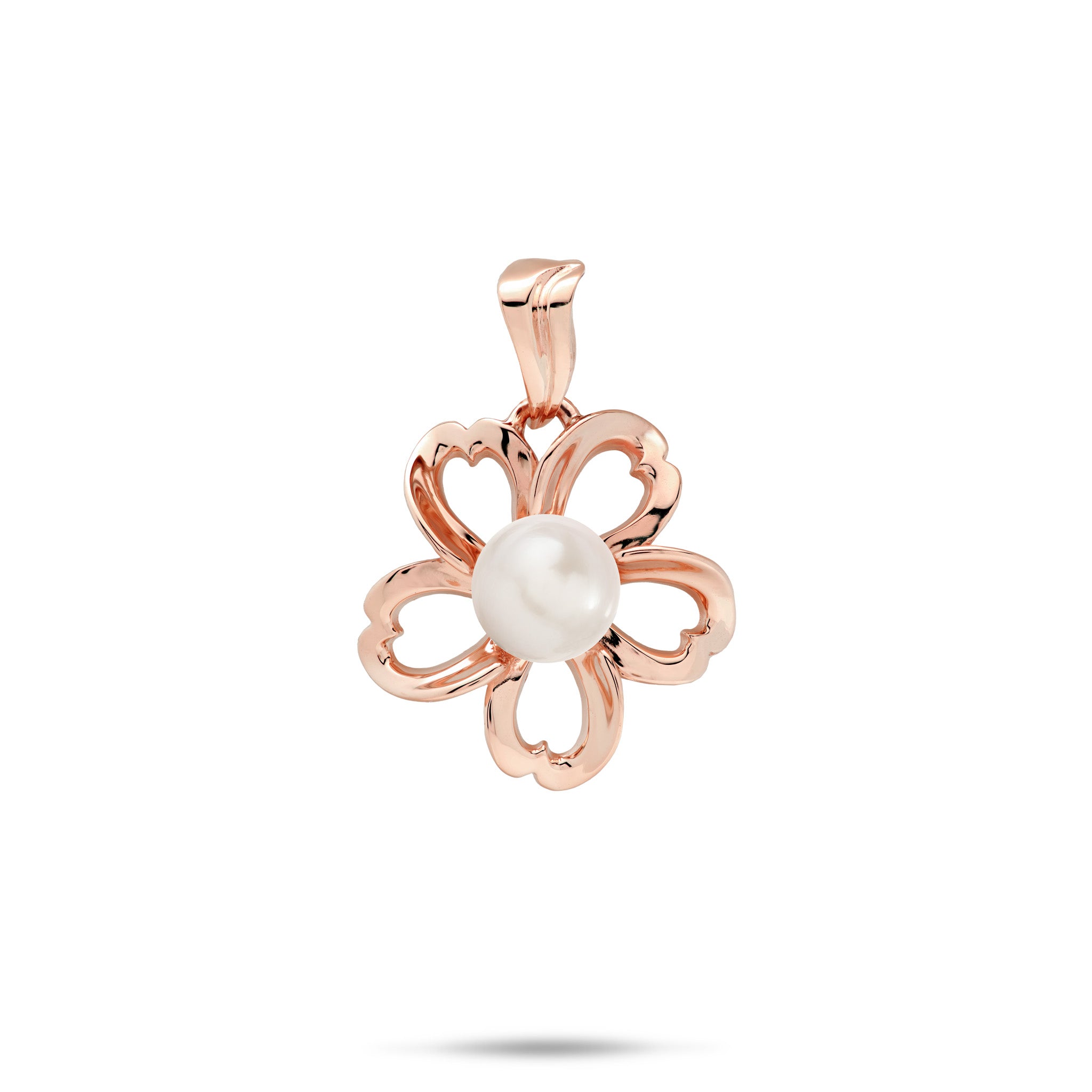 An 18mm high-polish 14k rose gold plumeria flower-shaped pendant with cut-out heart shape metals featuring a central white freshwater pearl, shown against a plain white background with a soft shadow underneath