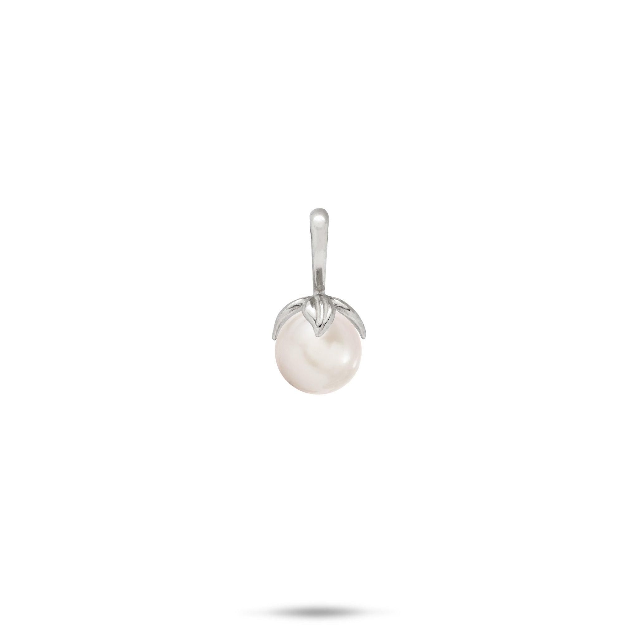 14k White Gold Pendant with a high-polish bail and maile leaves wrapping a white freshwater pearl on a white background