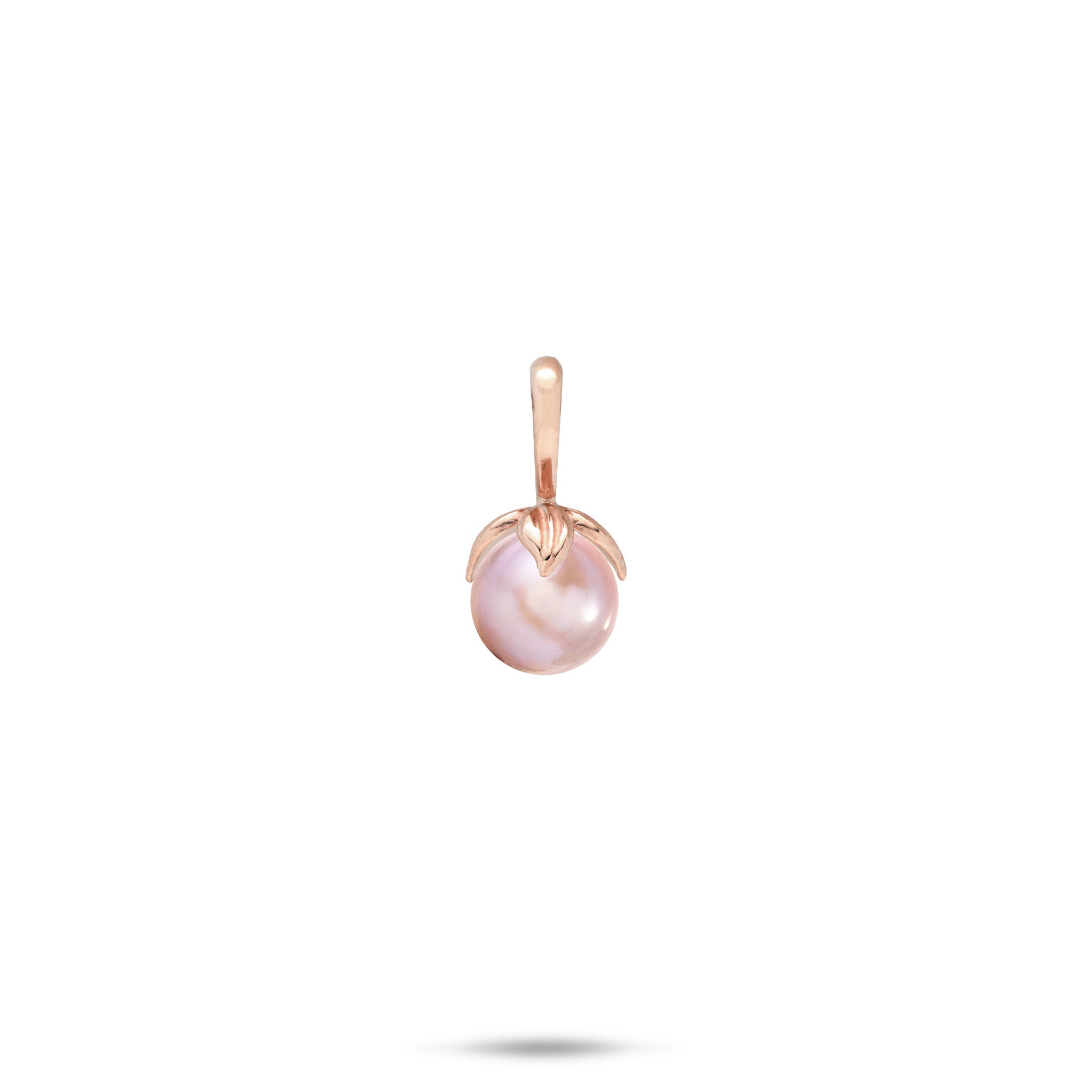 14k Rose Gold Pendant with a high-polish bail and maile leaves wrapping a lavender freshwater pearl on a white background