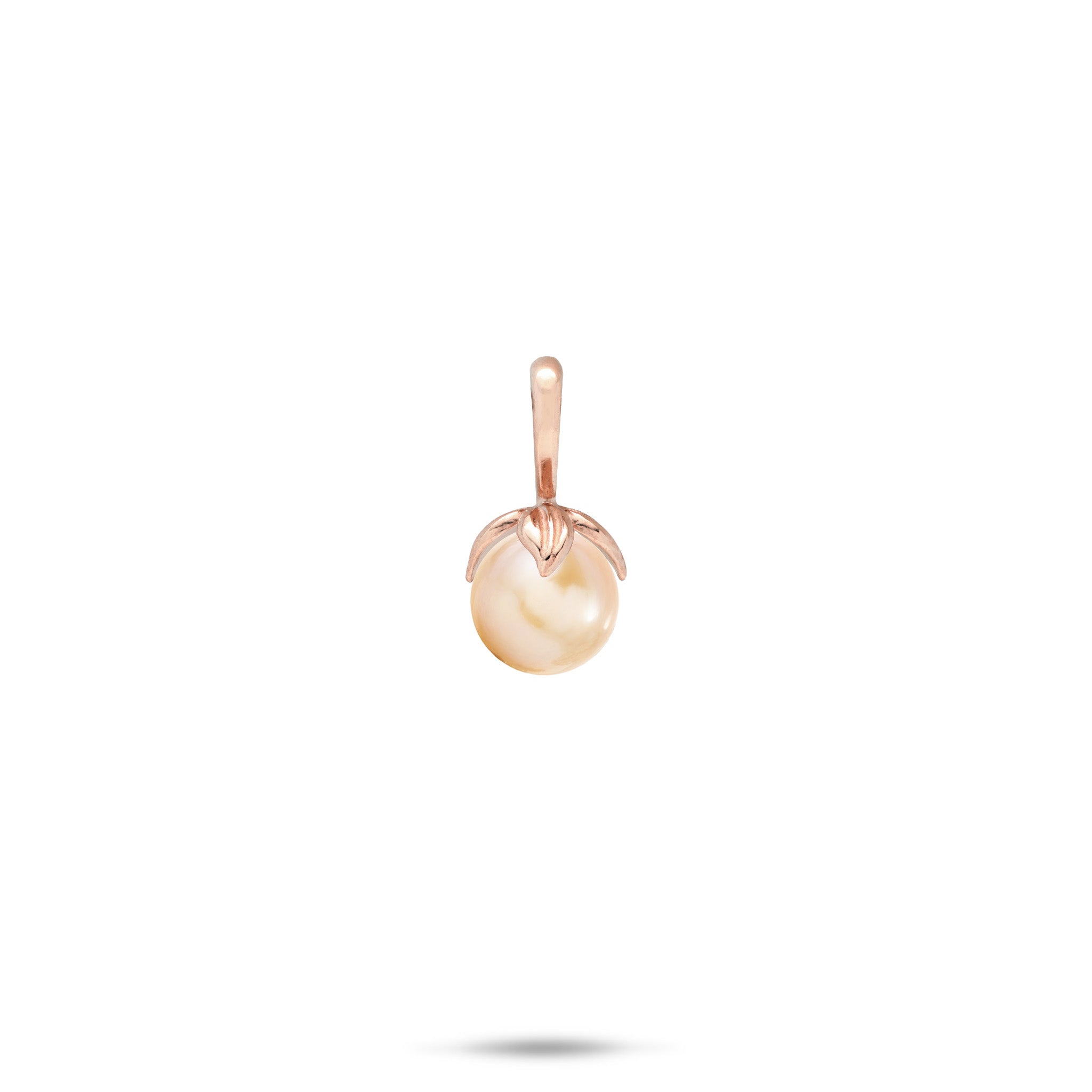 14k White Gold Pendant with a high-polish bail and maile leaves wrapping a peach freshwater pearl on a white background