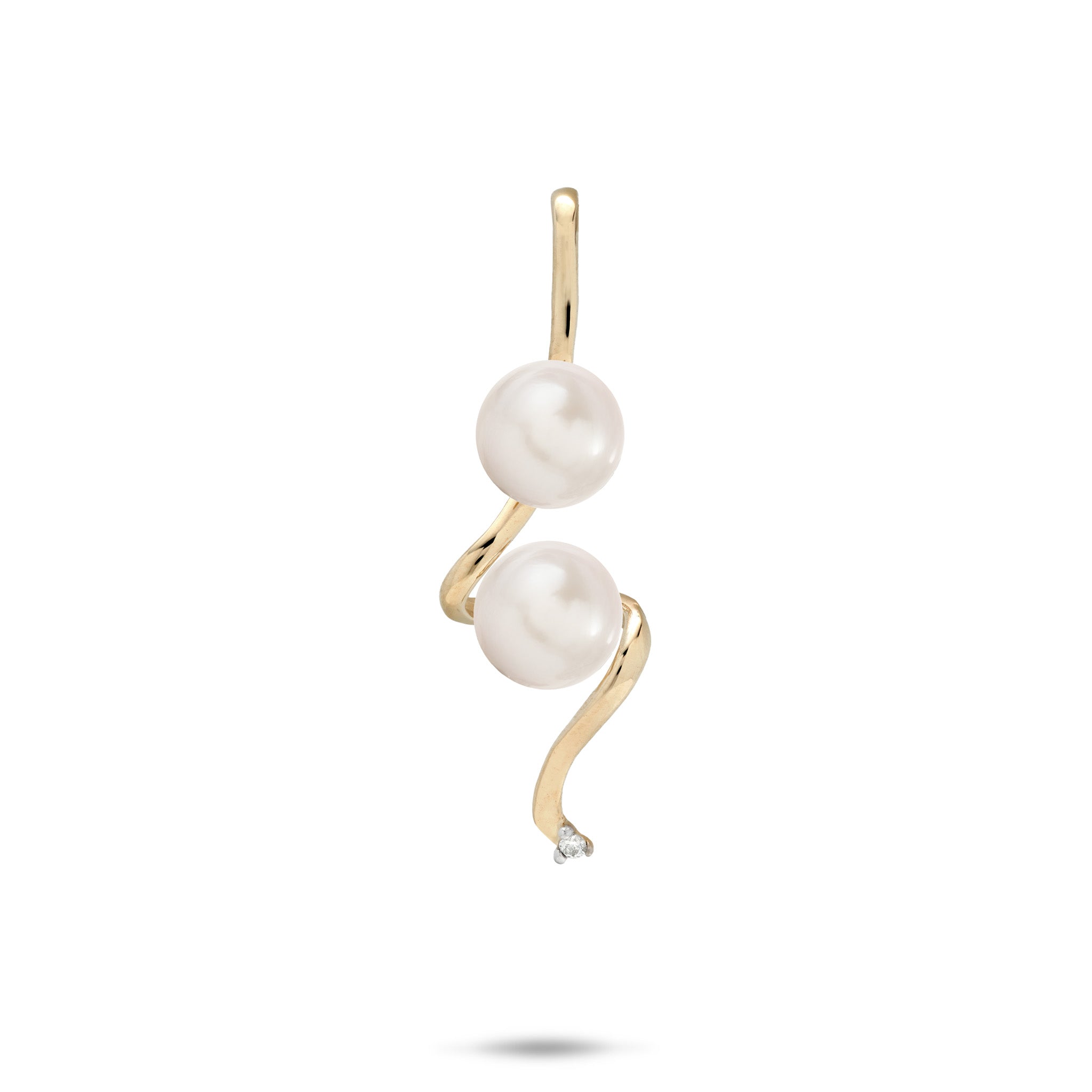 Pick A Pearl Swirling Waterfall Pendant in high-polish 14k Yellow Gold with Diamond and Two White Pearls on a white background