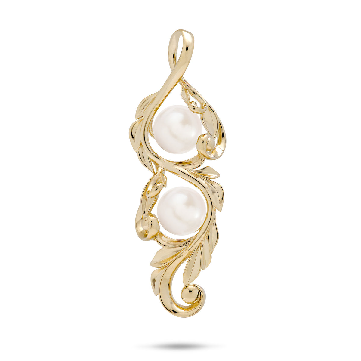 41mm Pick A Pearl Maile Scroll Pendant in 14k yellow Gold with Double White Pearls on a white background