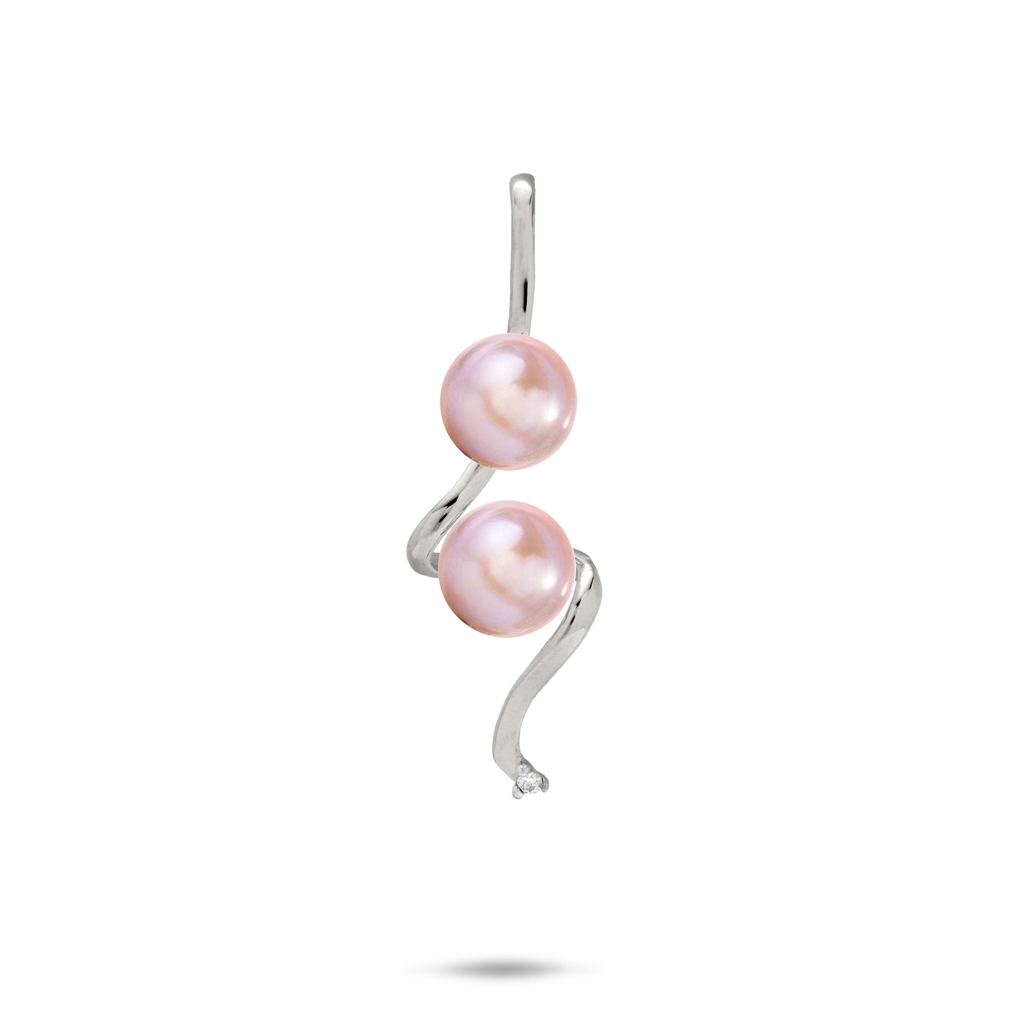 Pick A Pearl Swirling Waterfall Pendant in high-polish 14k White Gold with Diamond and Two Pink Pearls on a white background