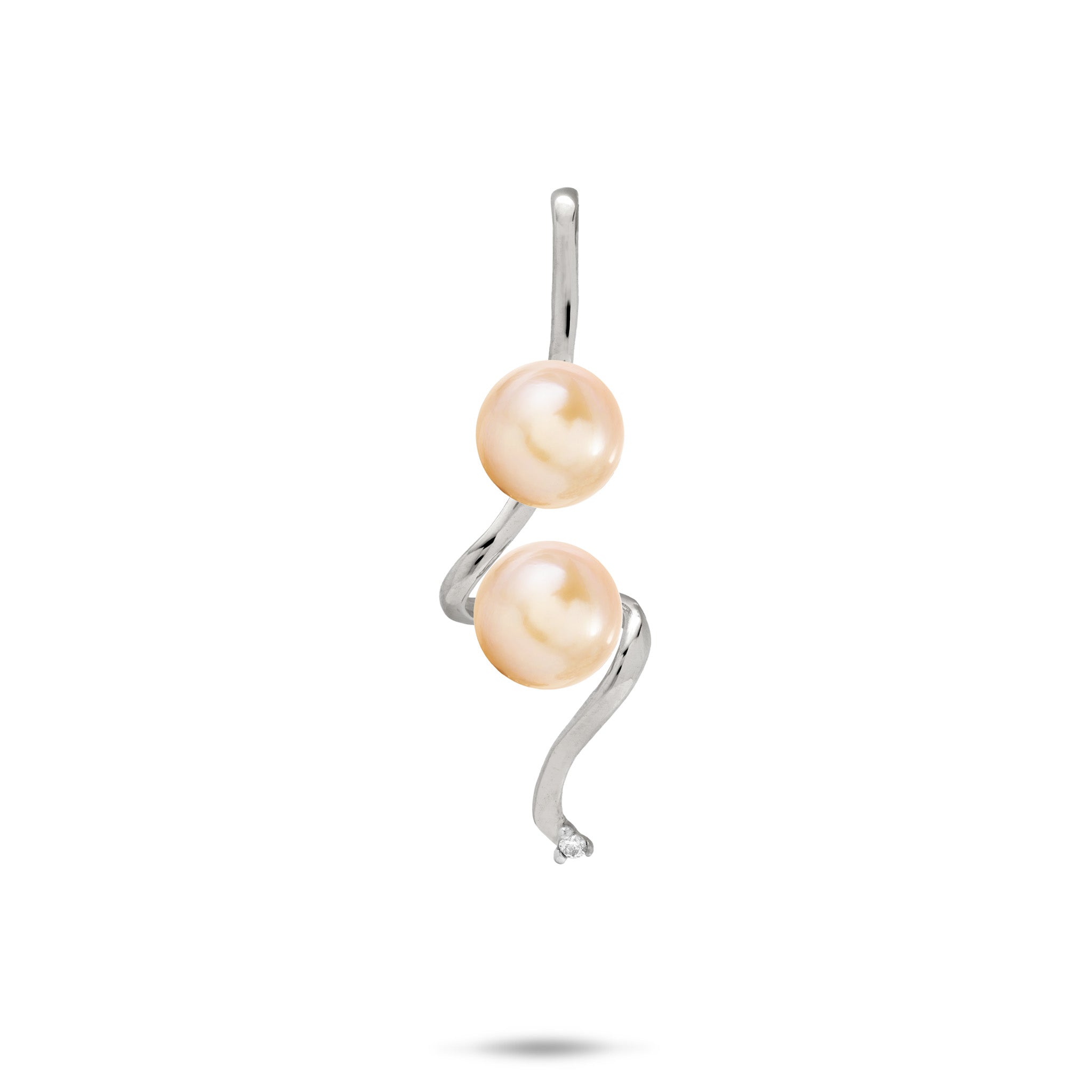 Pick A Pearl Swirling Waterfall Pendant in high-polish 14k White Gold with Diamond and Two Peach Pearls on a white background