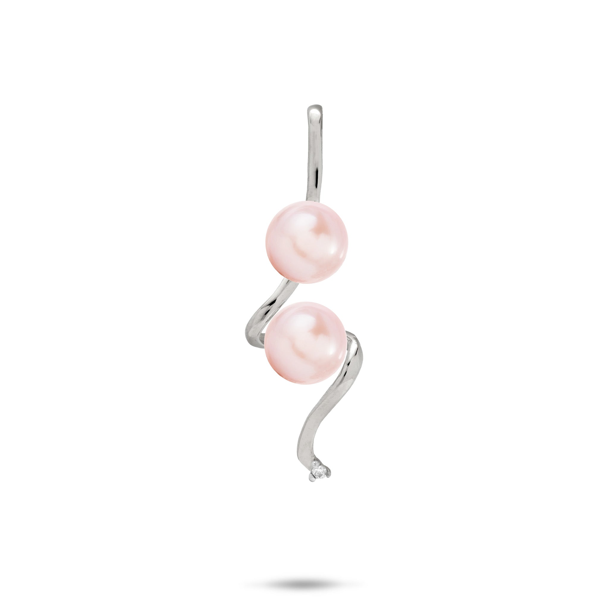 Pick A Pearl Swirling Waterfall Pendant in high-polish 14k White Gold with Diamond and Two Lavender Pearls on a white background