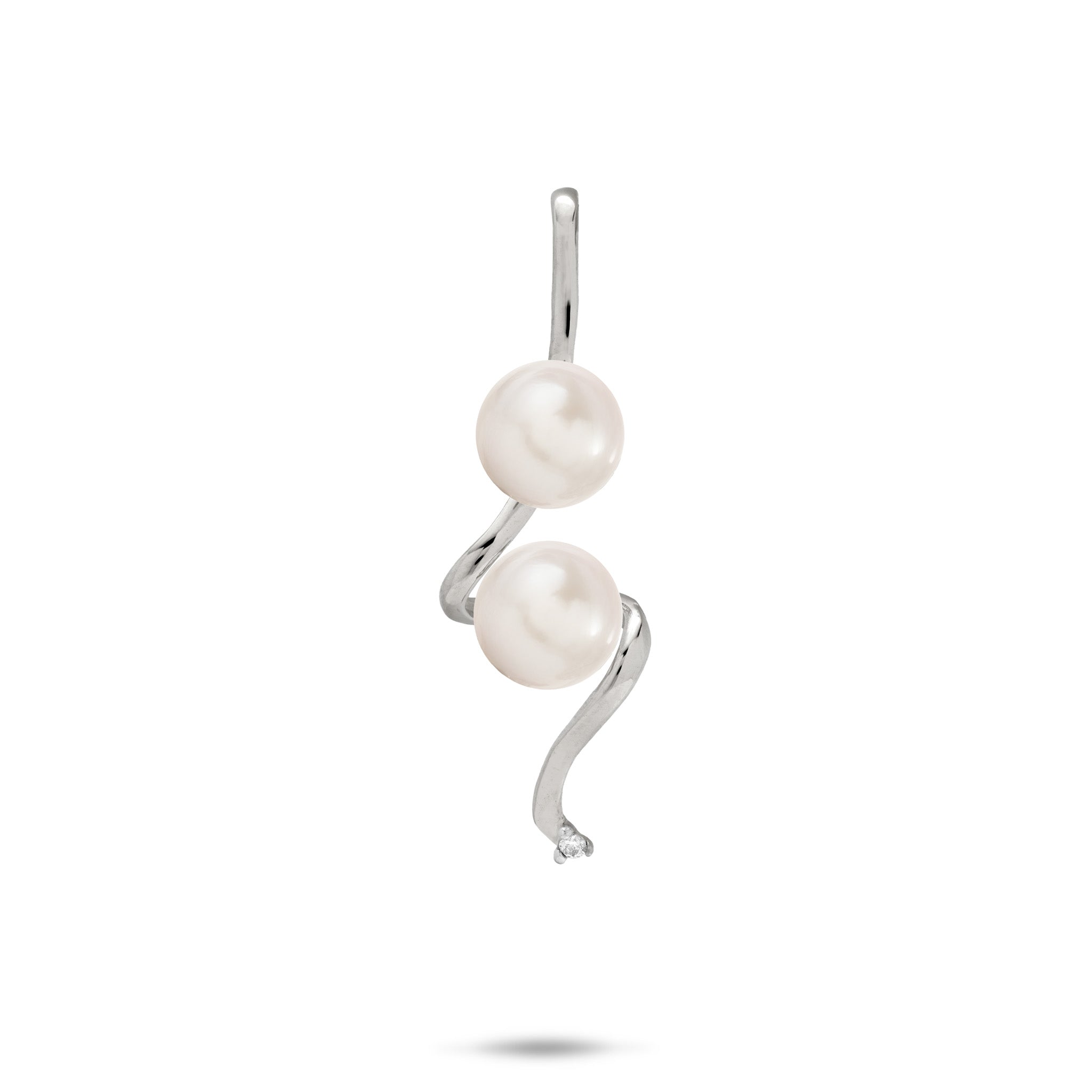 Pick A Pearl Swirling Waterfall Pendant in high-polish 14k White Gold with Diamond and Two White Pearls on a white background