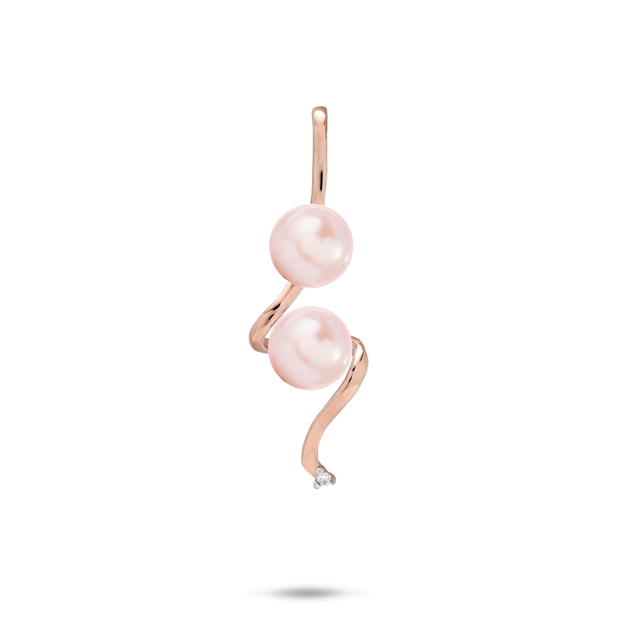 Pick A Pearl Swirling Waterfall Pendant in high-polish 14k Rose Gold with Diamond and Two Lavender Pearls on a white background
