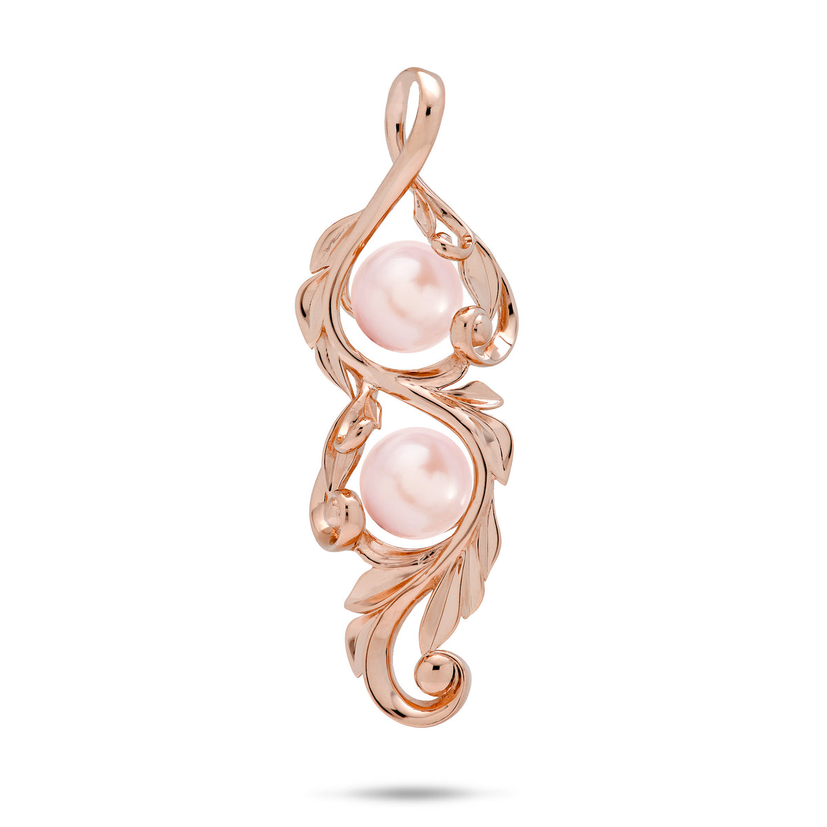 41mm Pick A Pearl Maile Scroll Pendant in 14k Rose Gold with Double Pink Pearls on a white background