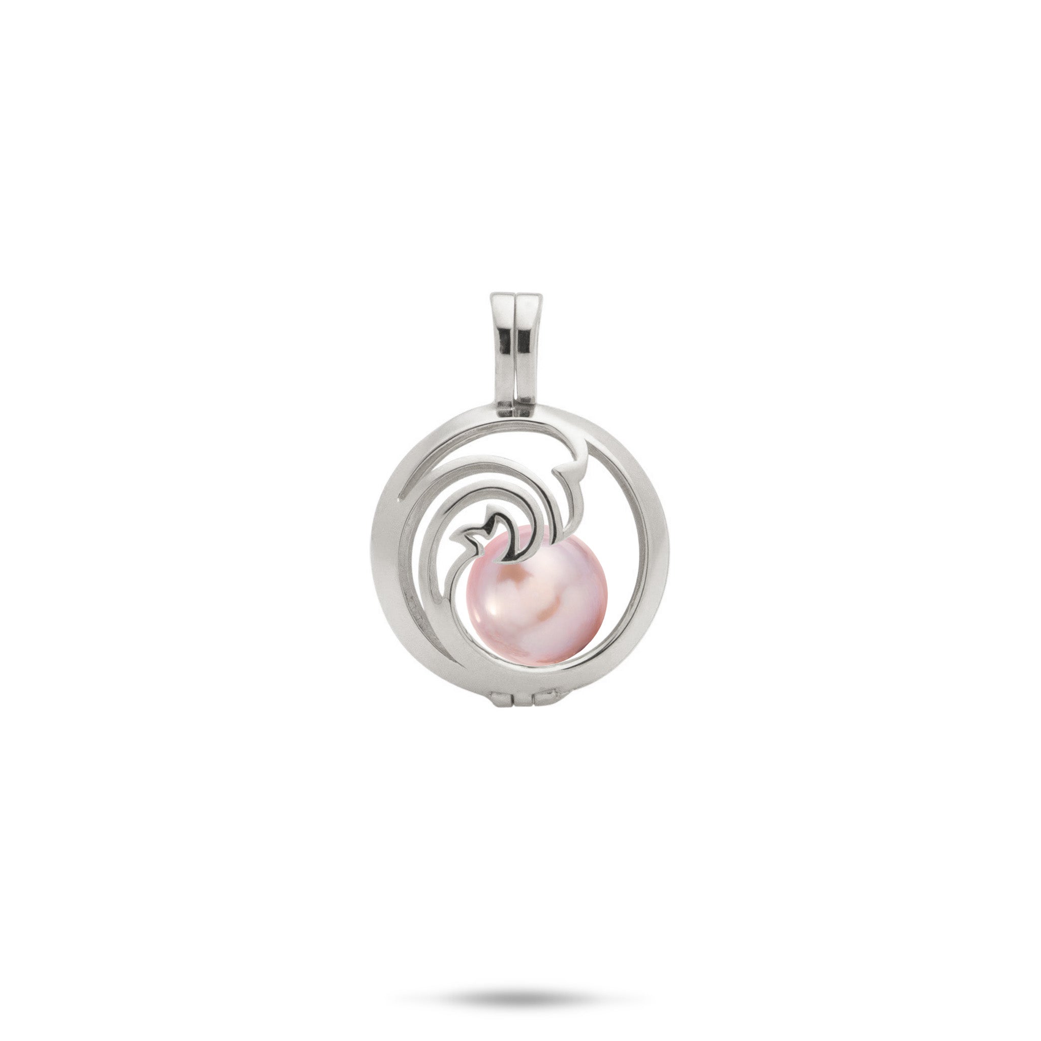Pick A Pearl Nalu Cage Pendant in White Gold with a Lavender Freshwater Pearl on a white background