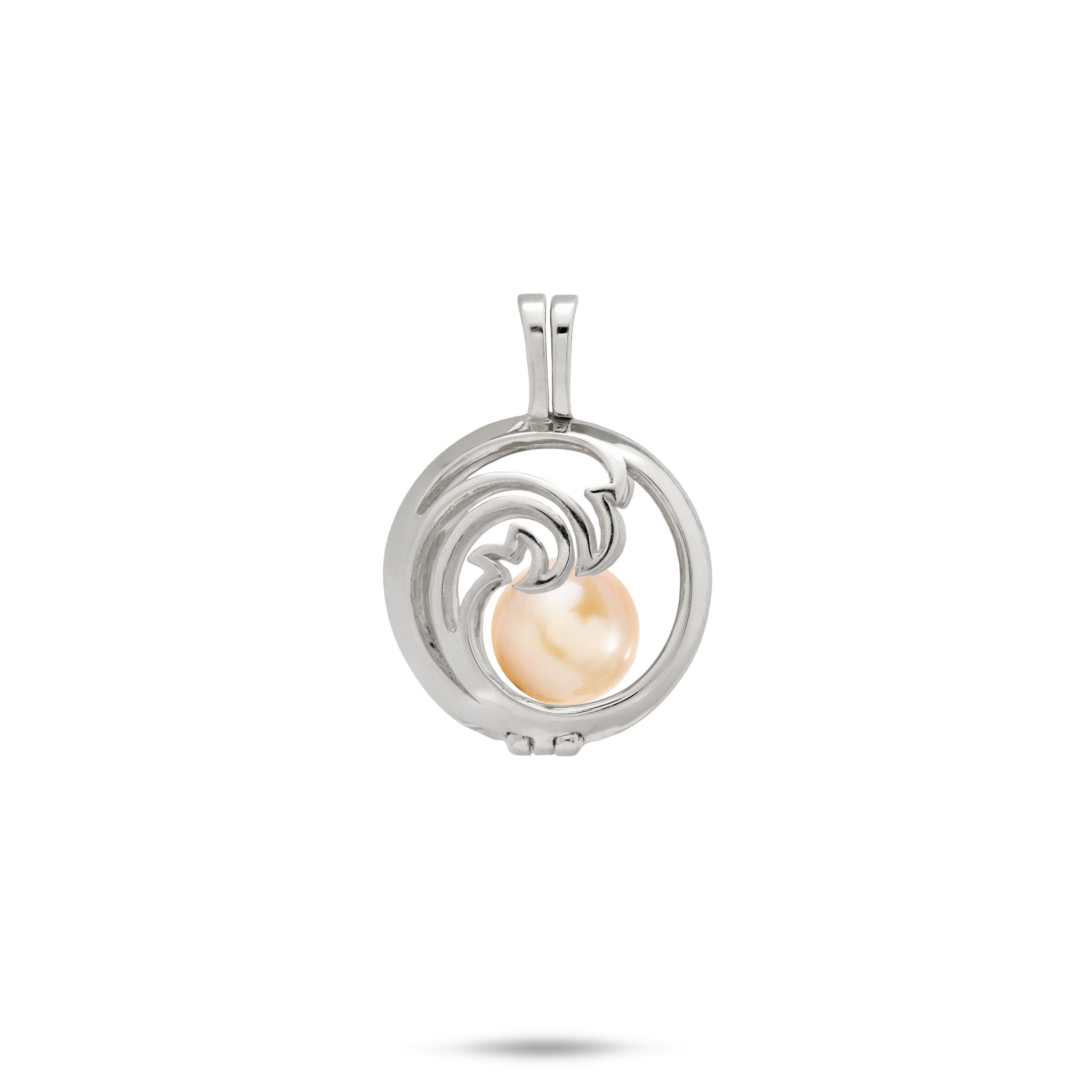 Pick A Pearl Nalu Cage Pendant in 14k White Gold with a Peach Freshwater Pearl on a white background