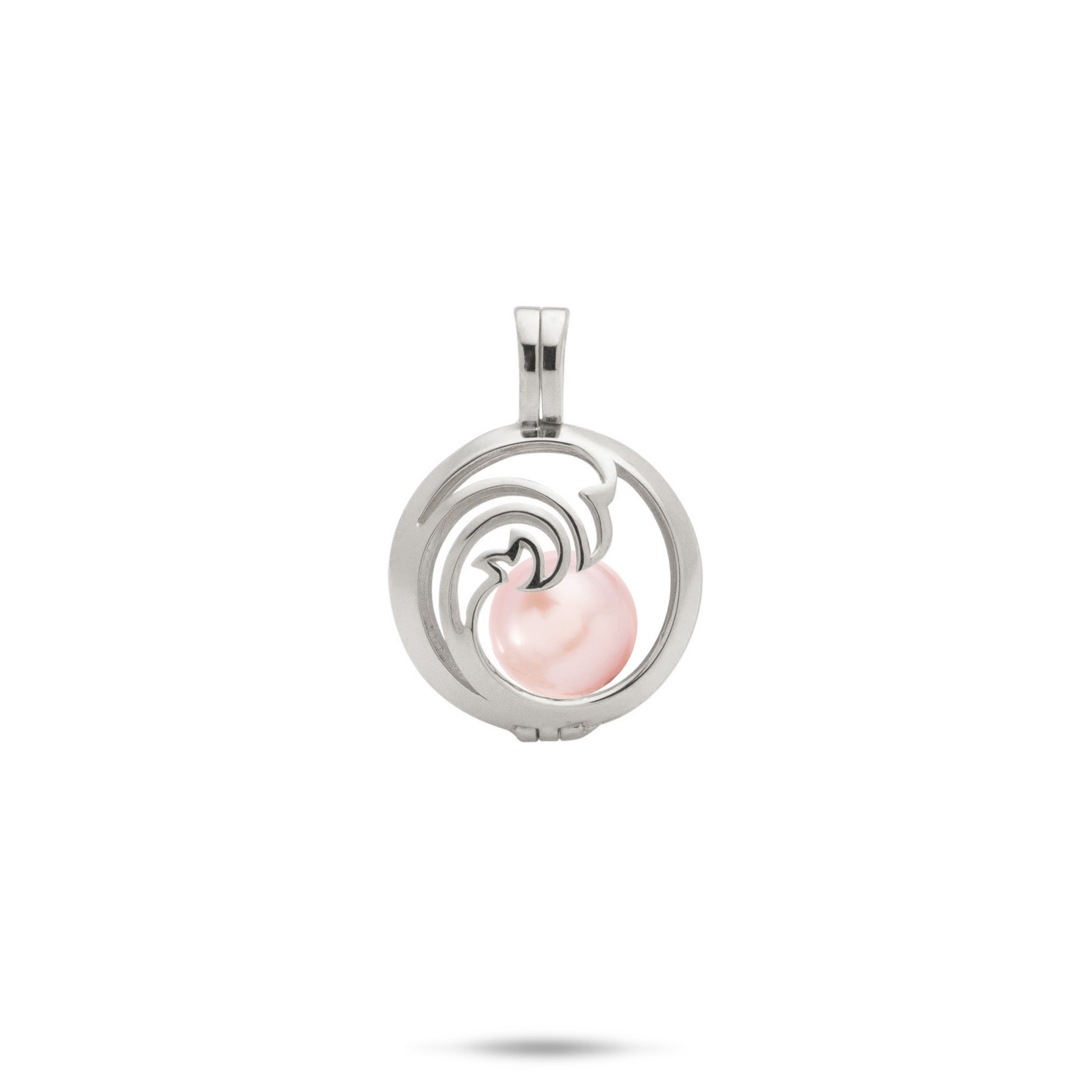 Pick A Pearl Nalu Cage Pendant in White Gold with a Pink Freshwater Pearl on a white background