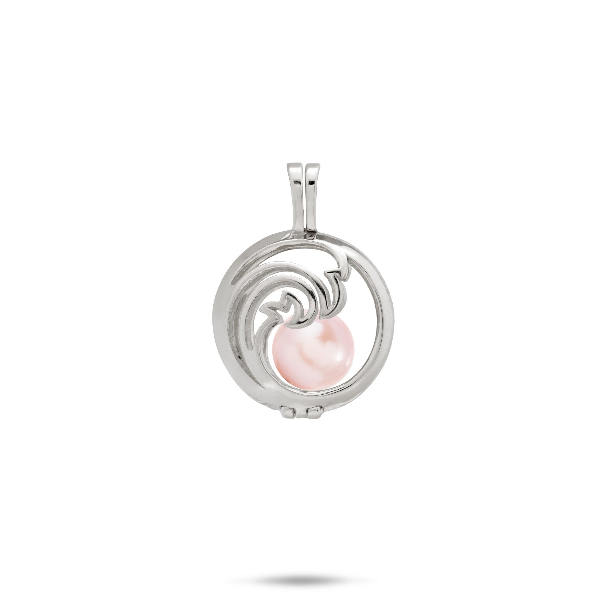Pick A Pearl Nalu Cage Pendant in 14k White Gold with a Pink Freshwater Pearl on a white background