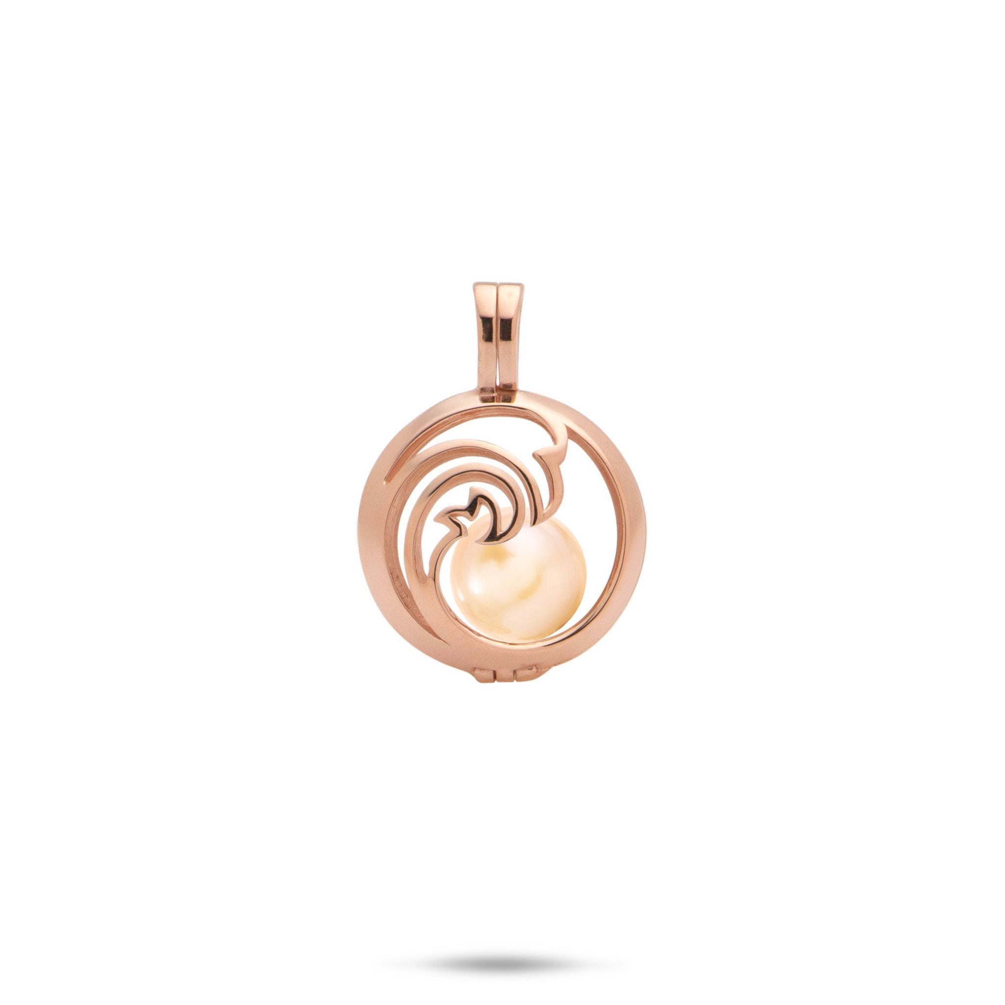 Pick A Pearl Nalu Cage Pendant in Rose Gold with a Peach Freshwater Pearl on a white background