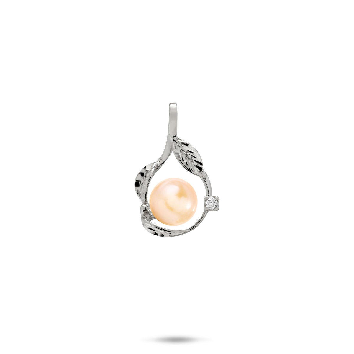 20mm Pick A Pearl Maile Pendant in White Gold with Diamond and Peach Pearl on a white background