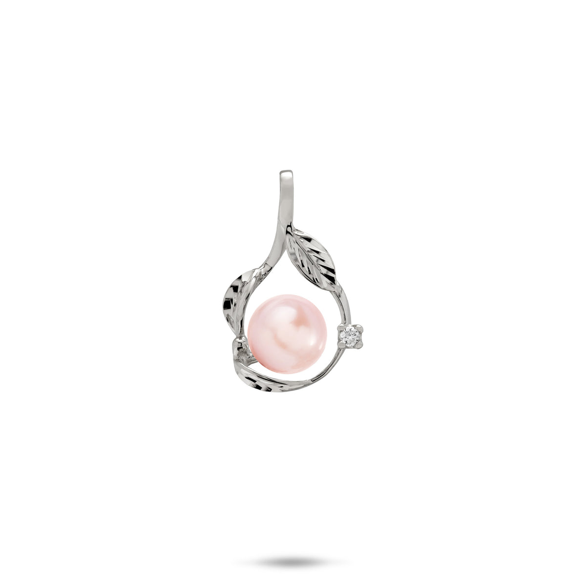20mm Pick A Pearl Maile Pendant in White Gold with Diamond and Pink Pearl on a white background