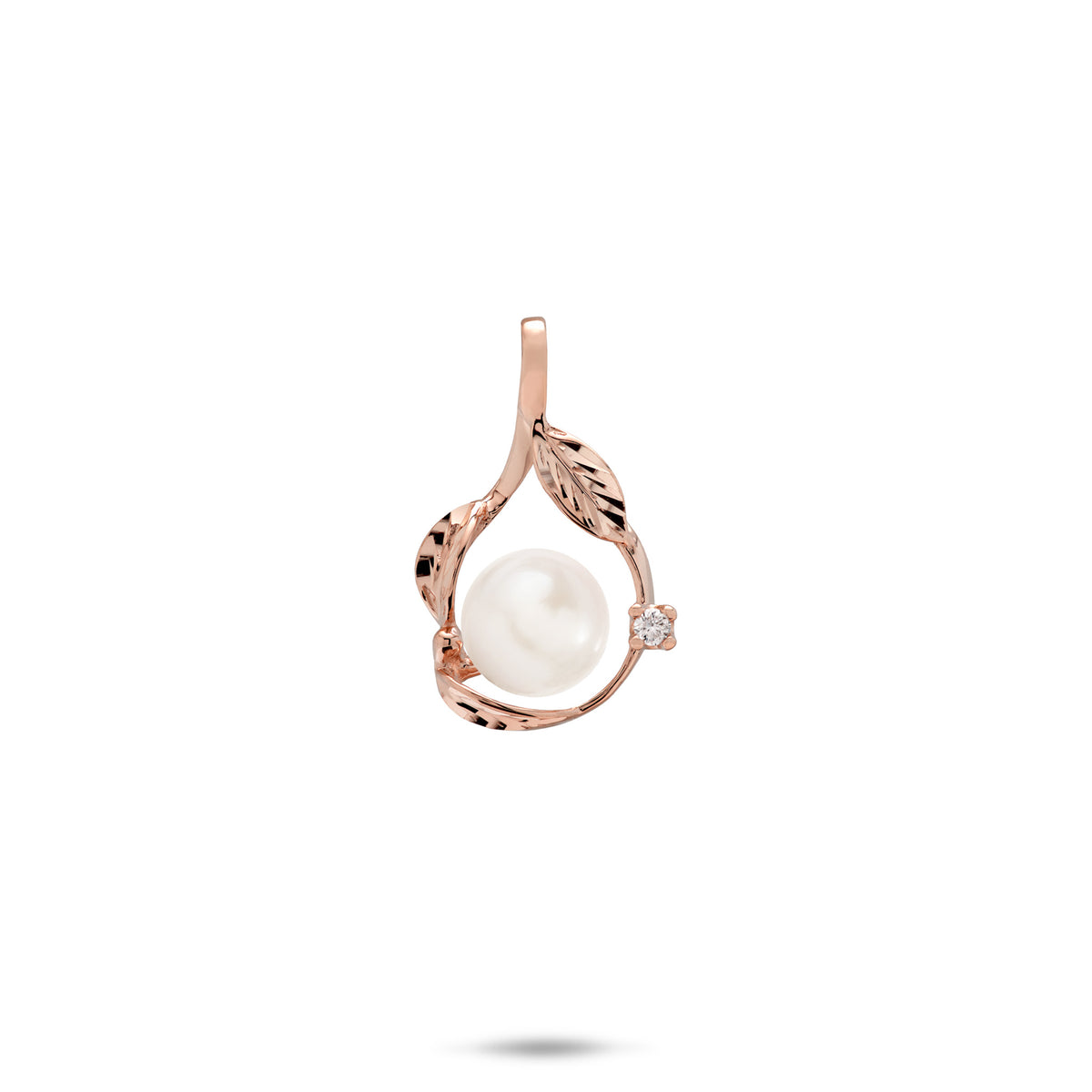 20mm Pick A Pearl Maile Pendant in Rose Gold with Diamond and White Pearl on a white background