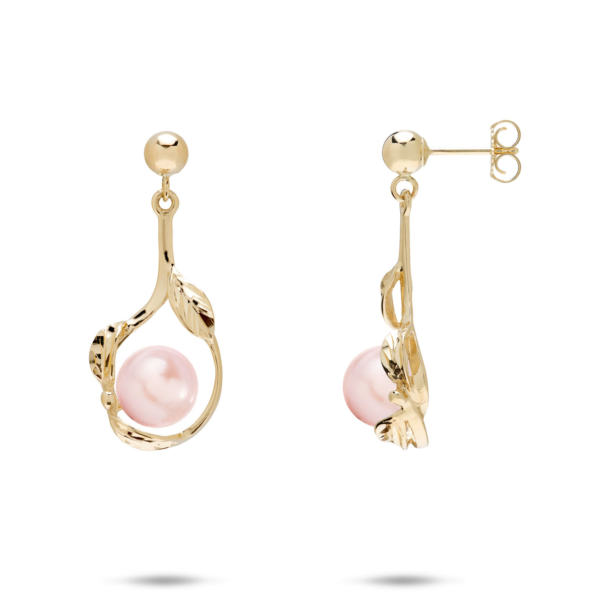 23mm Pick A Pearl Maile Earrings in 14k yellow Gold with Pink Pearls on a white background