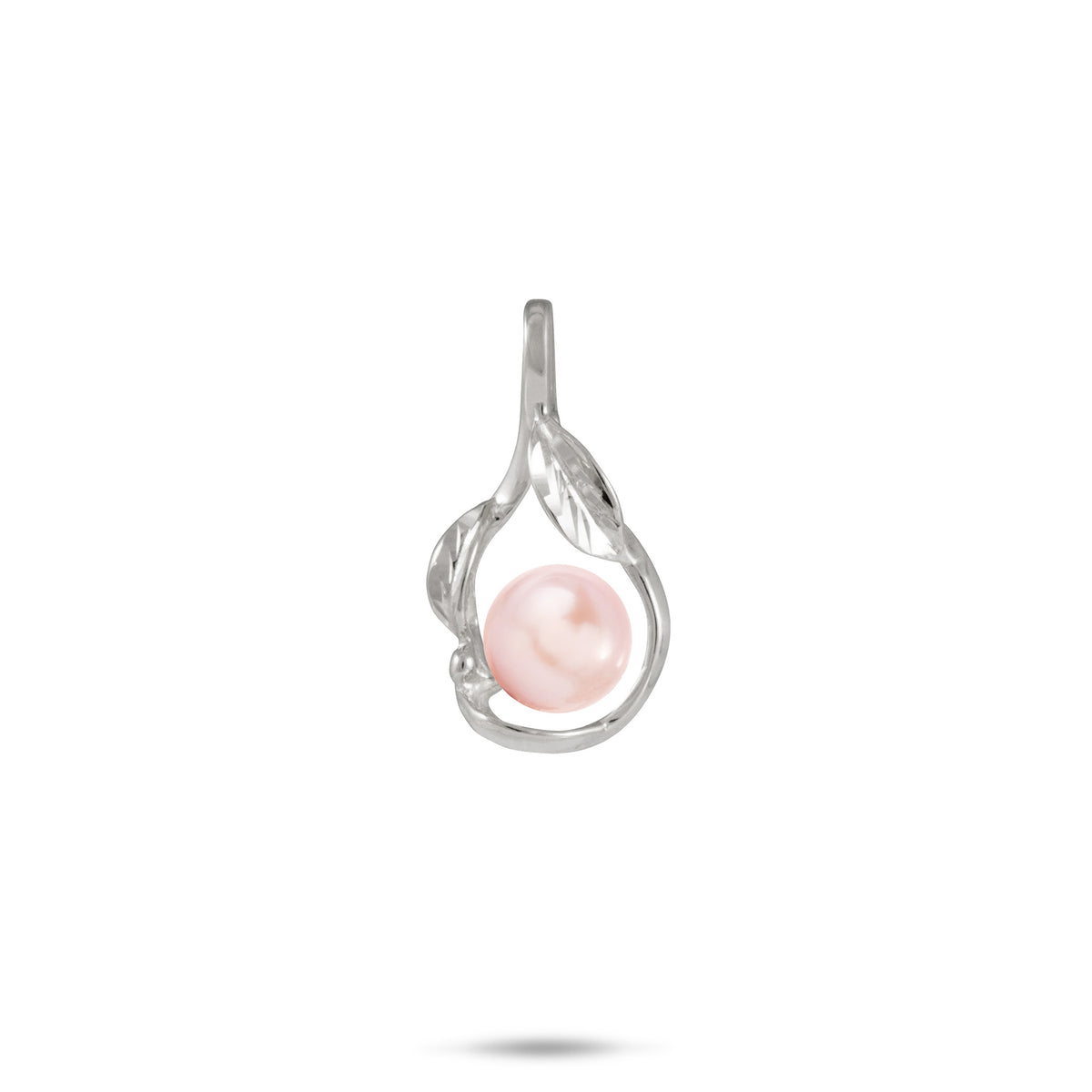 21mm Pick A Pearl Maile Pendant in White Gold with a Pink Pearl on a white background