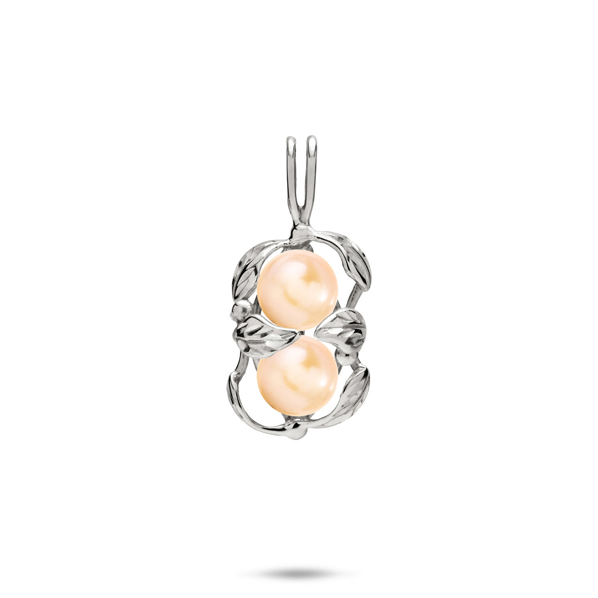 18mm Pick A Pearl Maile Pendant in 14k White Gold with Double Peach Pearls on a white Background