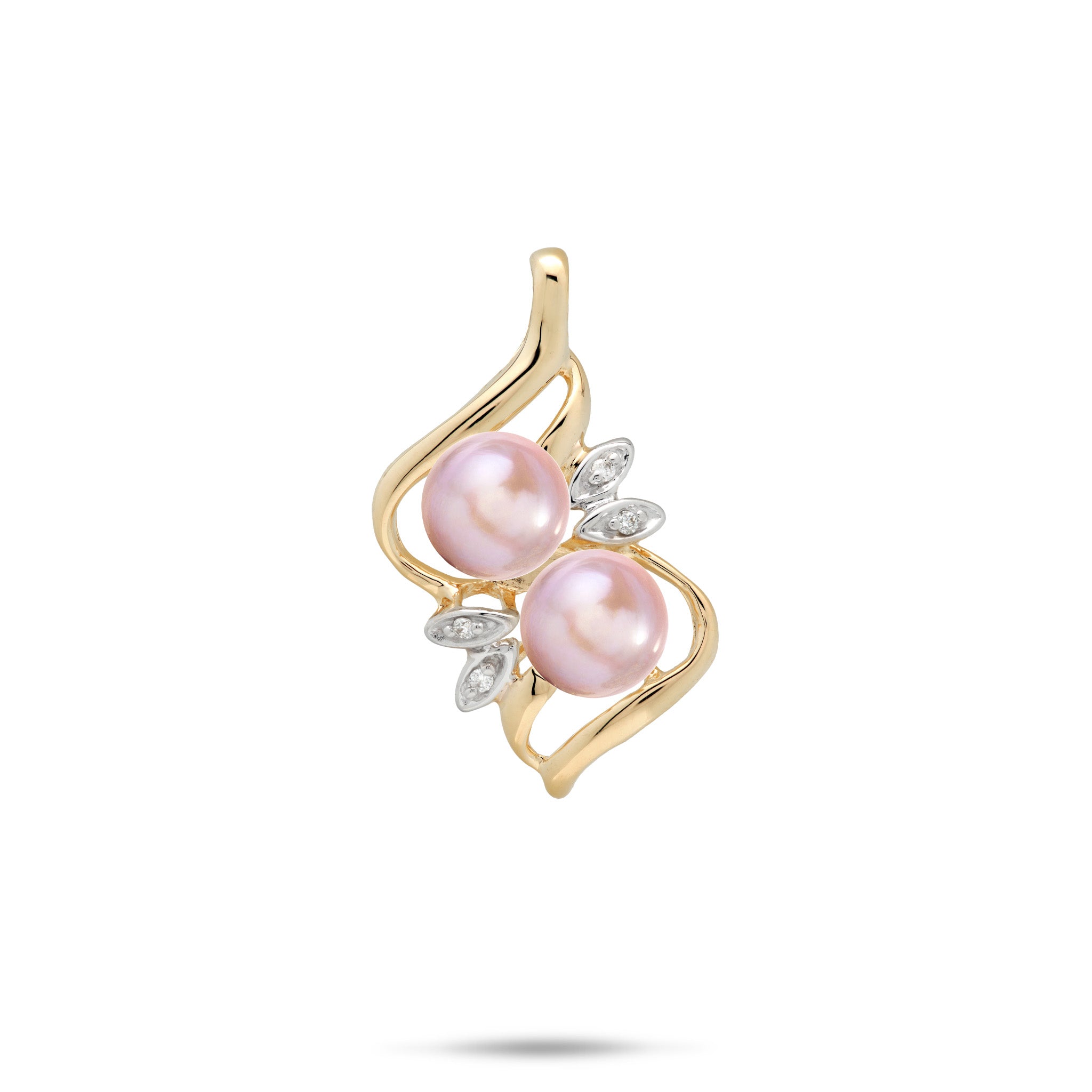 A 14k yellow gold pendant featuring two lavender freshwater pearls and small clear diamonds in a maile leaf style setting, set against a plain white background