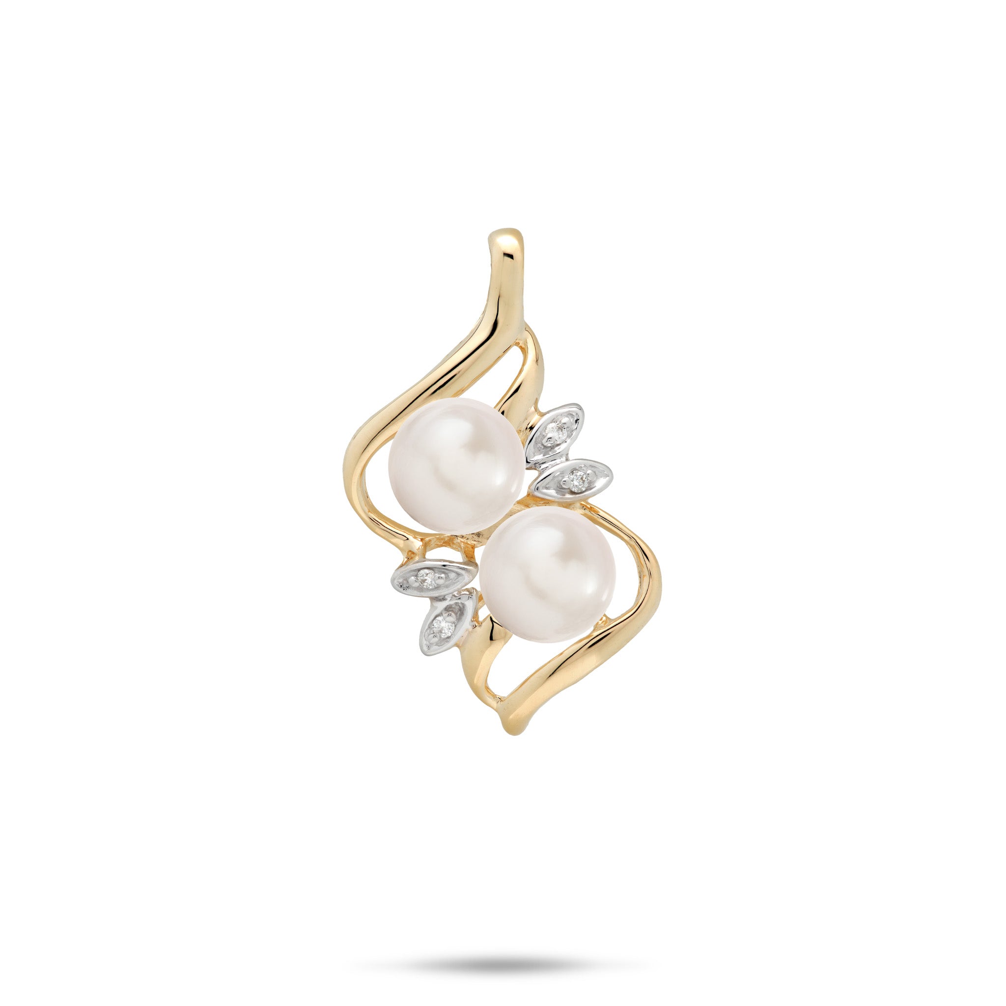 A 14k yellow gold pendant featuring two white freshwater pearls and small clear diamonds in a maile leaf style setting, set against a plain white background