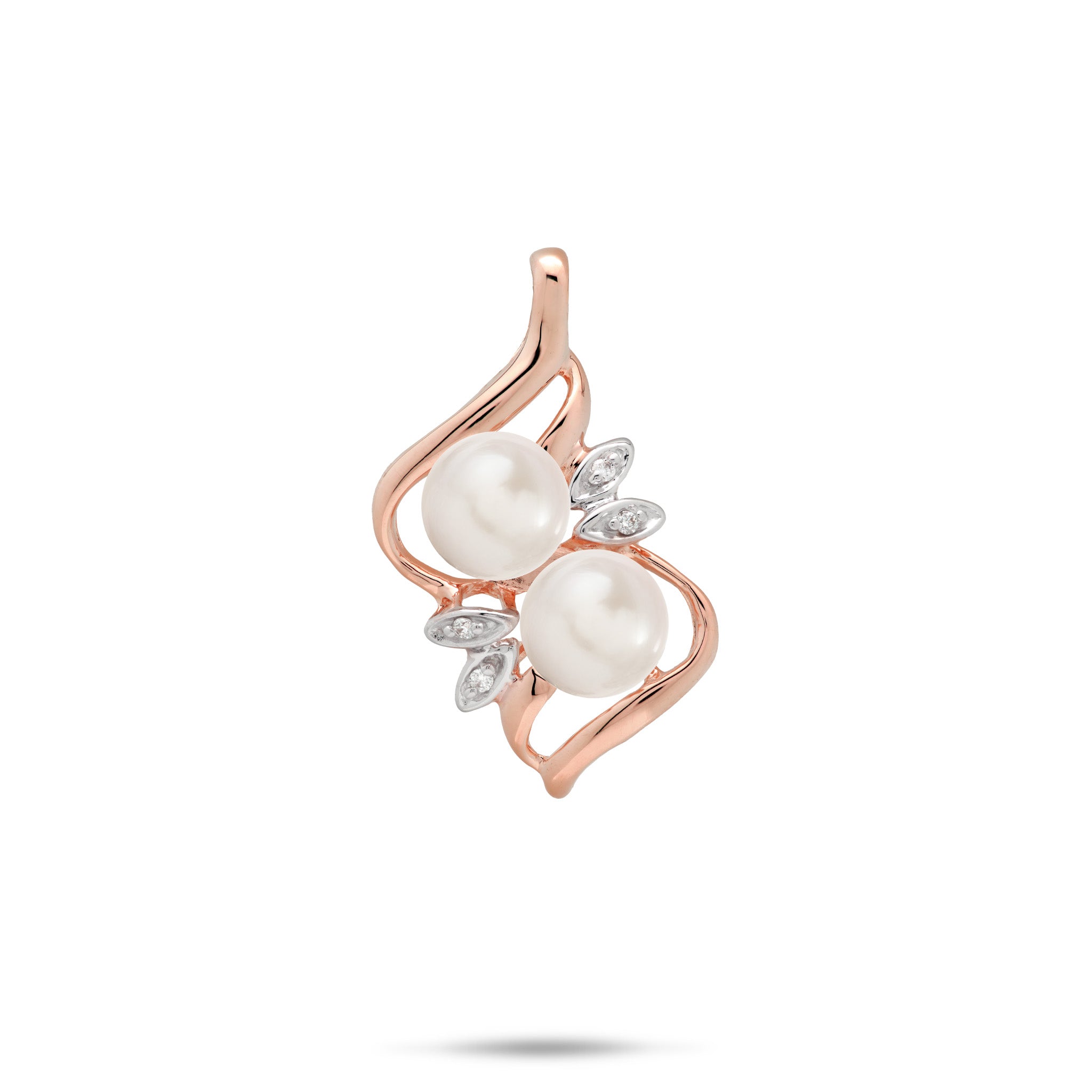 A 14k rose gold pendant featuring two white freshwater pearls and diamonds in maile leaf style settings, set against a plain white background