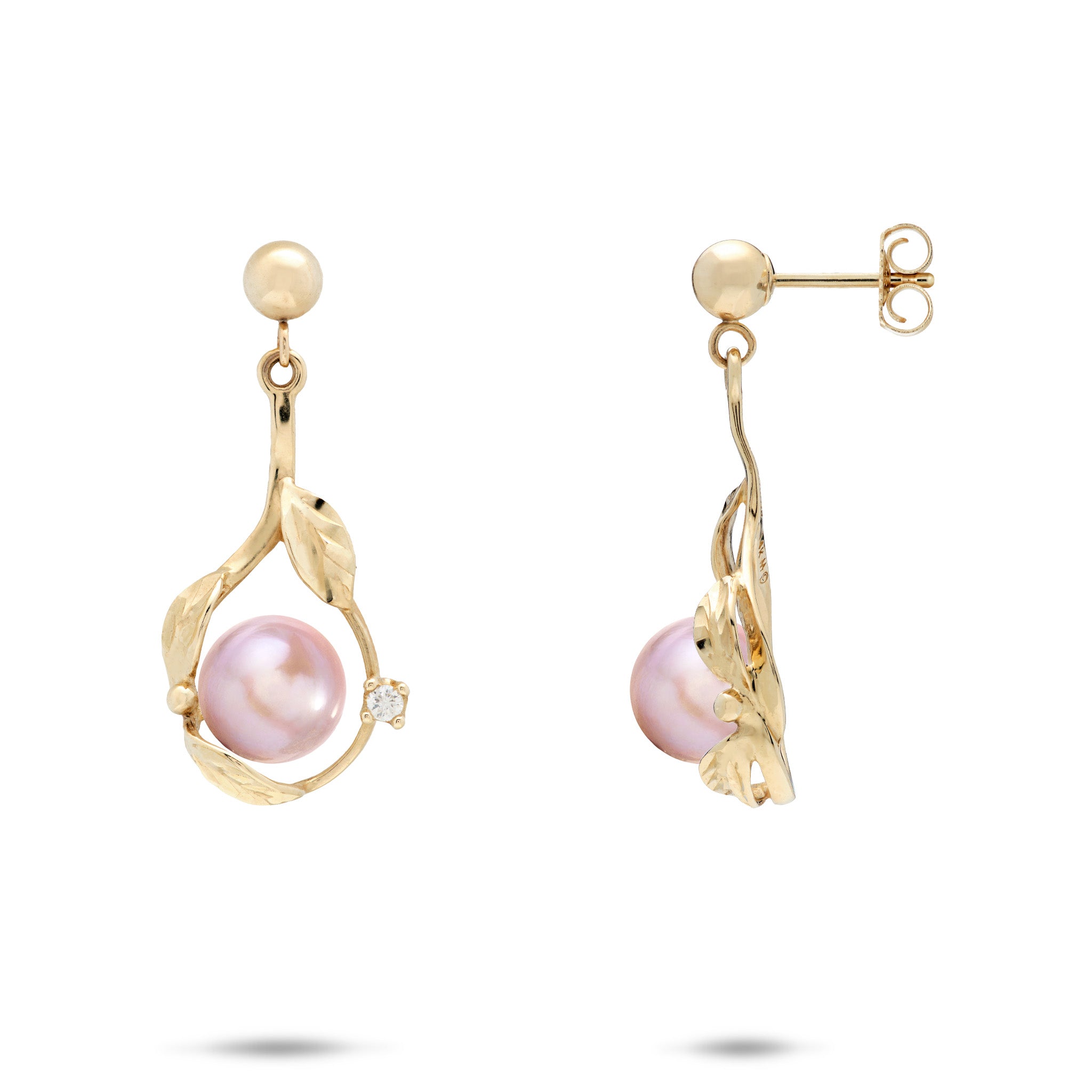 Diamond-cut Maile Leaf Teardrop Ball Post Earrings in 14k Yellow Gold with Diamond Accents and Lavender Freshwater Pearls on a white background