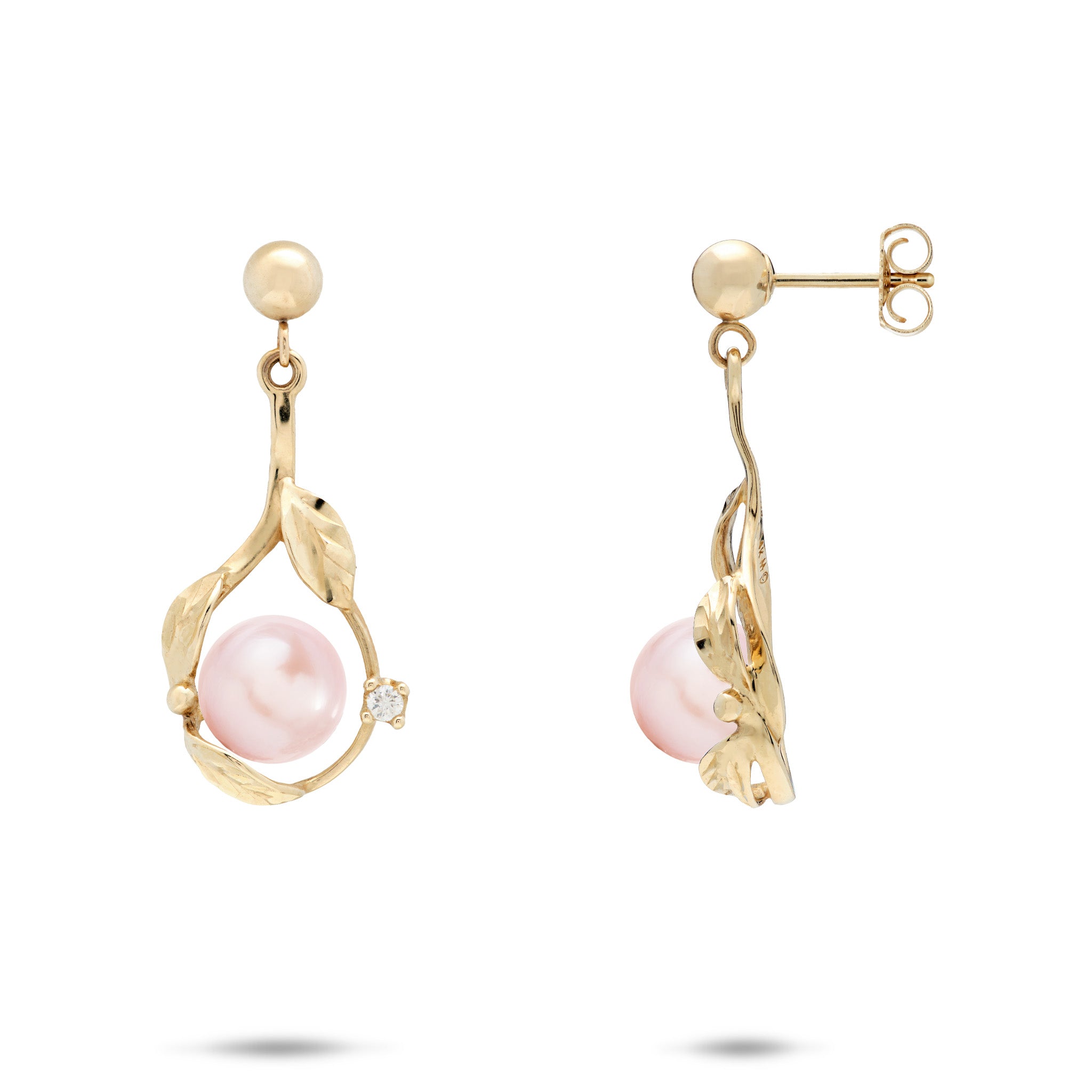 Diamond-cut Maile Leaf 
Teardrop Ball Post Earrings in 14k Yellow Gold with Diamond Accents and Pink Freshwater Pearls on a white background