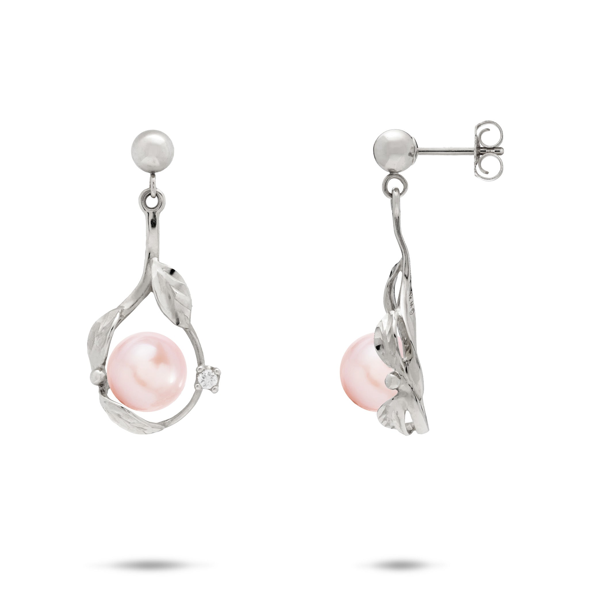Diamond-cut Maile Leaf Teardrop Ball Post Earrings in 14k White Gold with Diamond Accents and Pink Freshwater Pearls on a white background