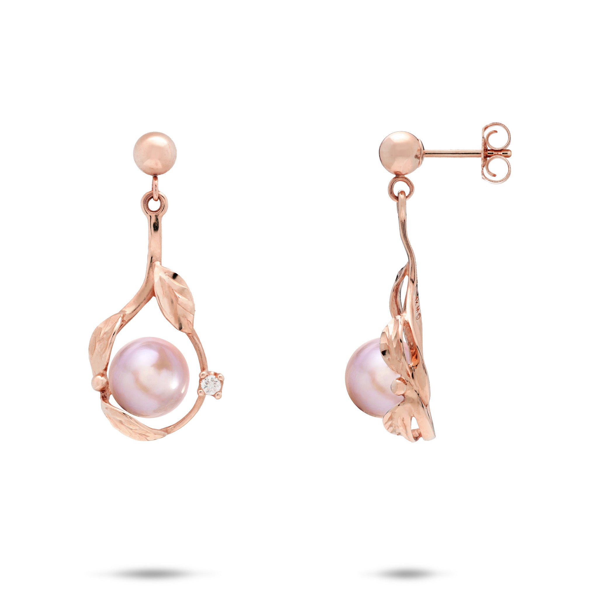 Diamond-cut Maile Leaf Teardrop Ball Post Earrings in 14k Rose Gold with Diamond Accents and Lavender Freshwater Pearls on a white background